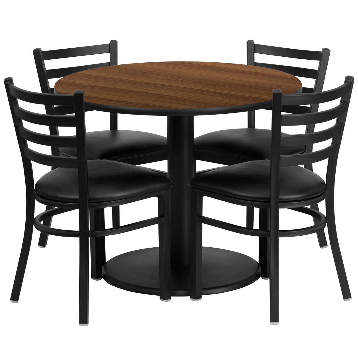 36'' Round Laminate Table Set with Round Base and 4 Ladder Back Metal Chairs