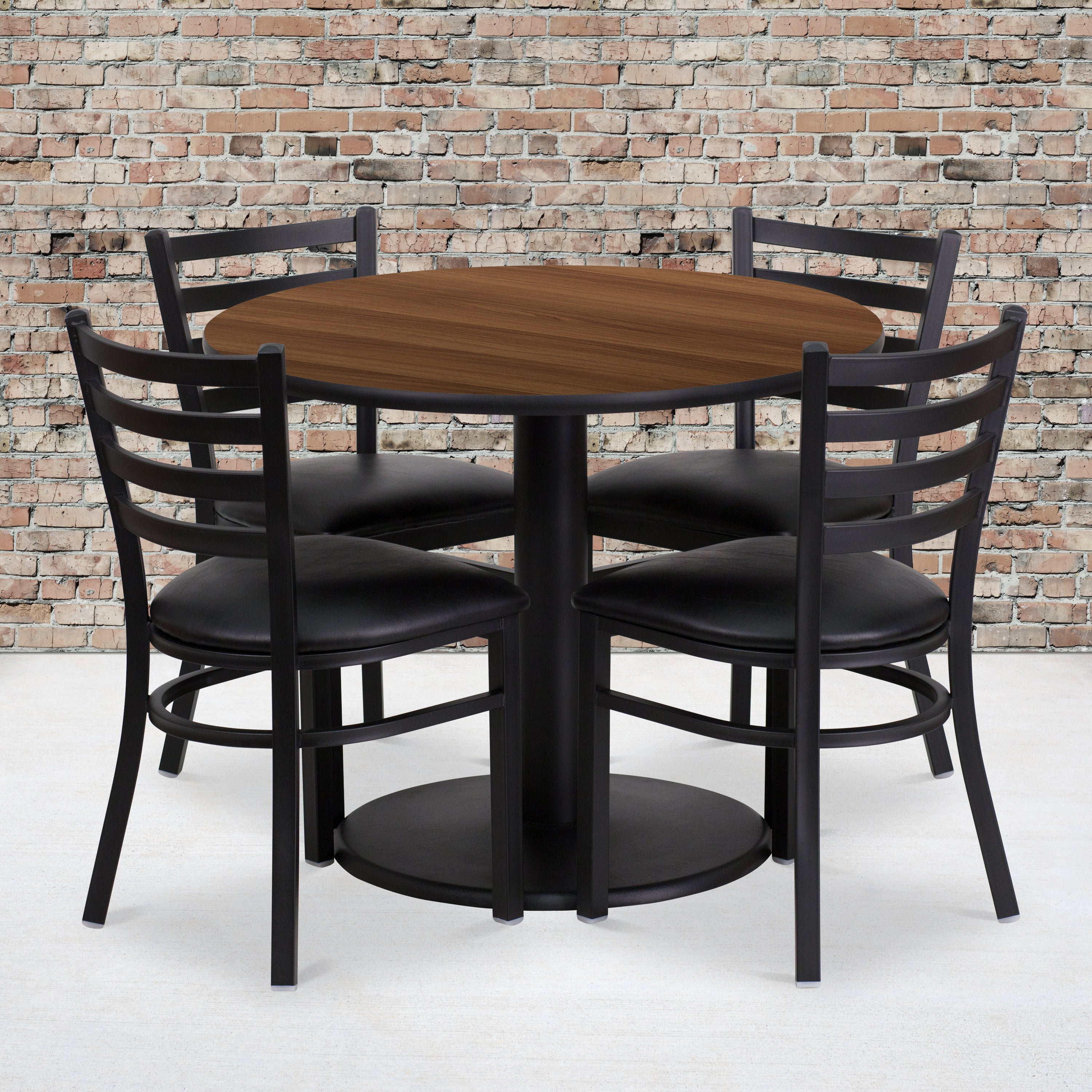 36'' Round Laminate Table Set with Round Base and 4 Ladder Back Metal Chairs-Laminate Restaurant Table and Chair Set-Flash Furniture-Wall2Wall Furnishings