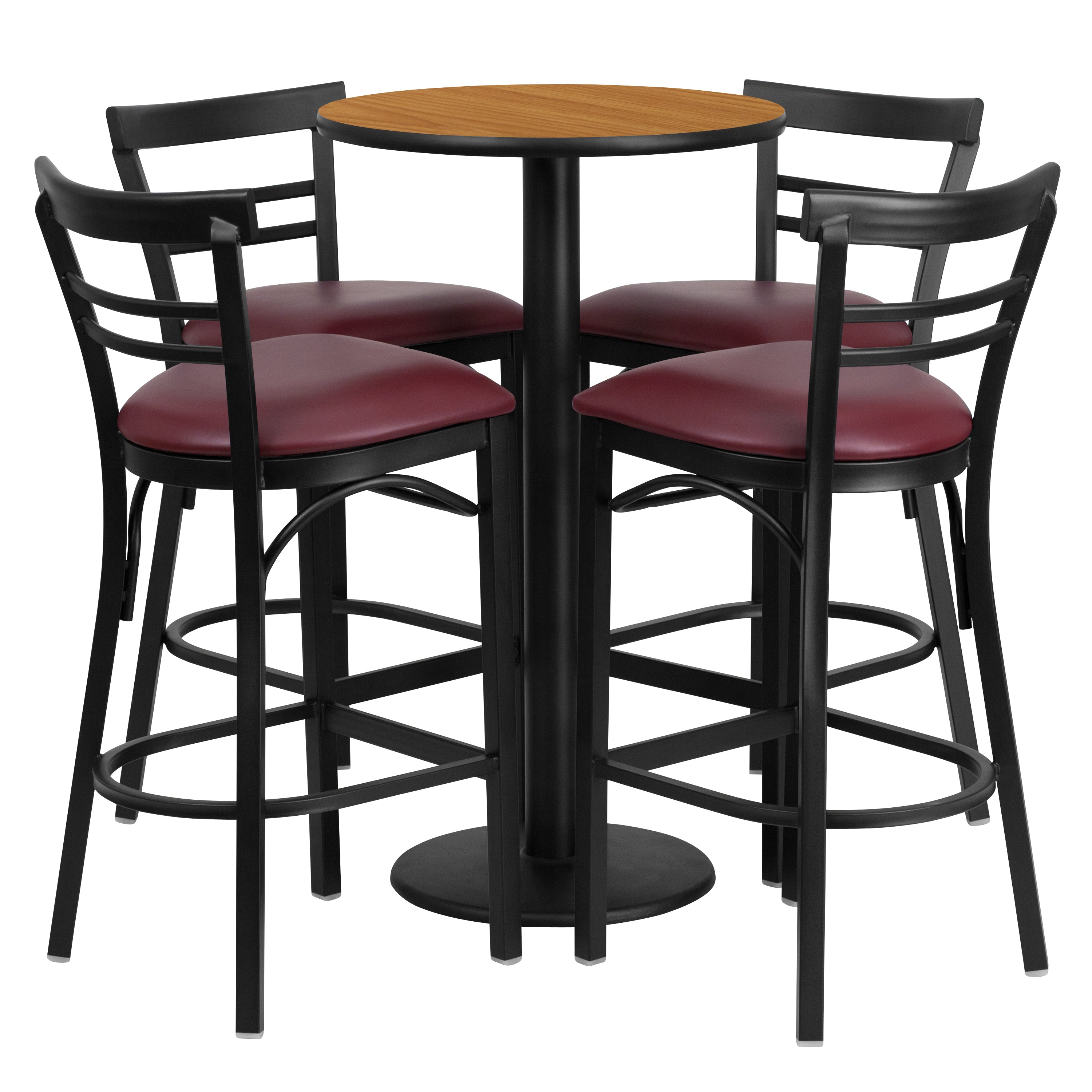 24'' Round Laminate Table Set with Round Base and 4 Two-Slat Ladder Back Metal Barstools-Laminate Restaurant Bar Table and Stool Set-Flash Furniture-Wall2Wall Furnishings