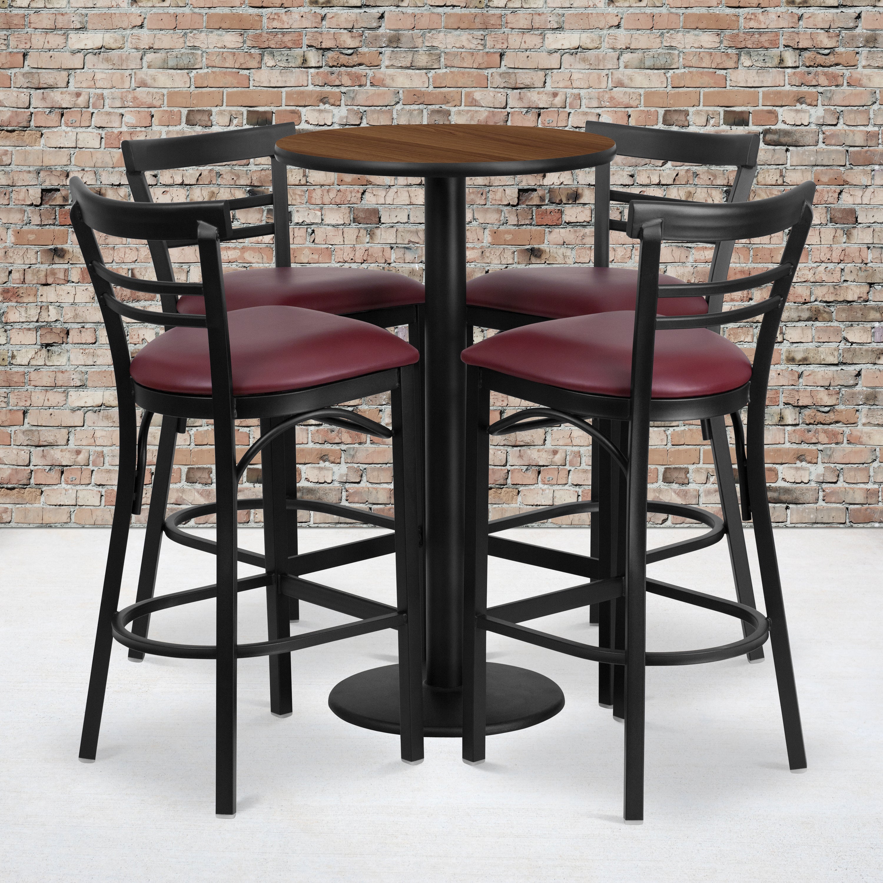 24'' Round Laminate Table Set with Round Base and 4 Two-Slat Ladder Back Metal Barstools-Laminate Restaurant Bar Table and Stool Set-Flash Furniture-Wall2Wall Furnishings