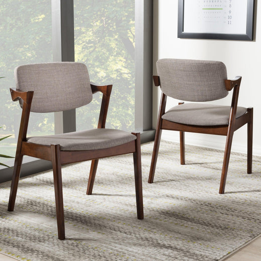 Elegant Mid-Century Dark Wood Fabric Upholstered Dining Armchair