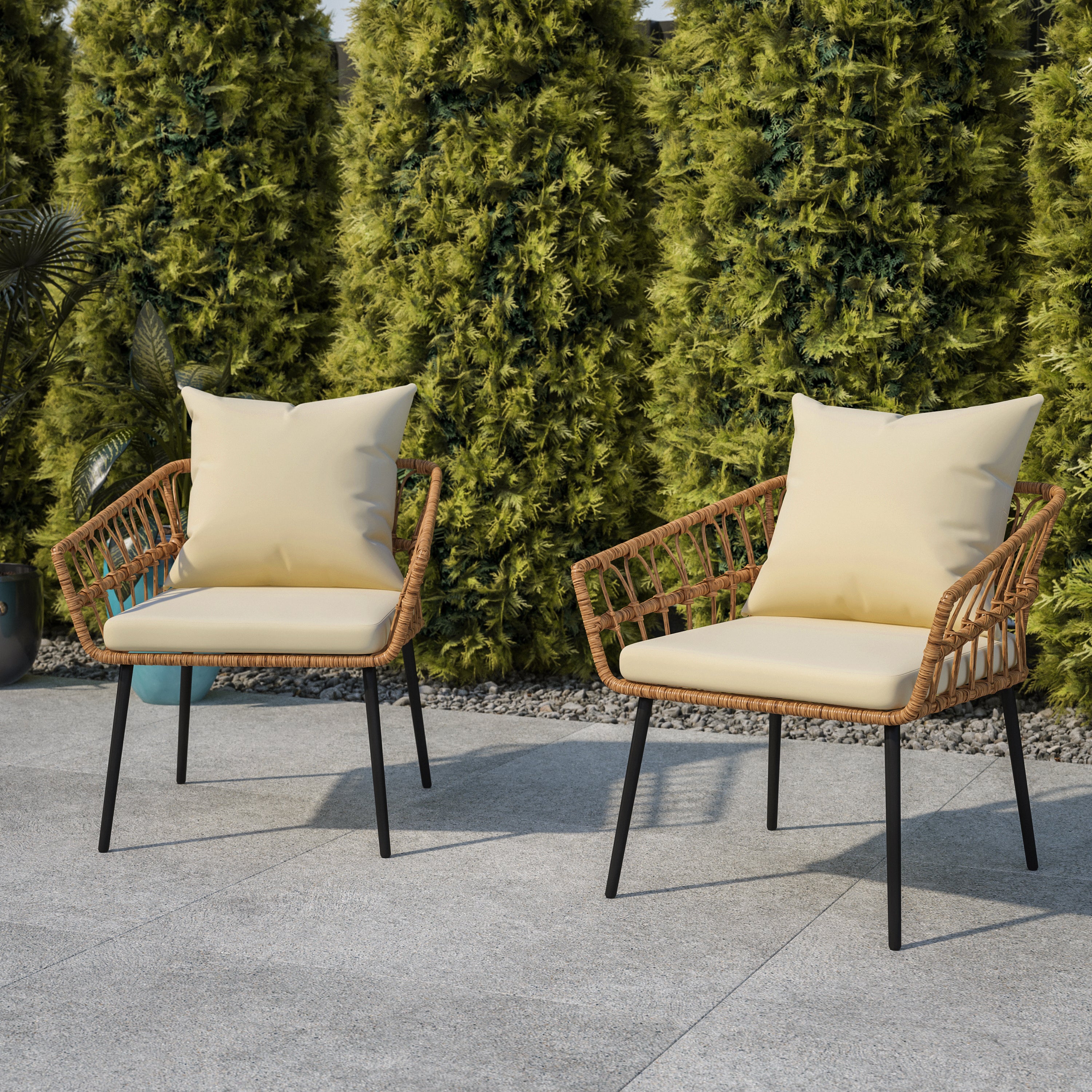 Evin Set of 2 Boho Indoor/Outdoor Rope Rattan Wicker Patio Chairs with All-Weather Cushions-Rattan Patio Seating-Flash Furniture-Wall2Wall Furnishings