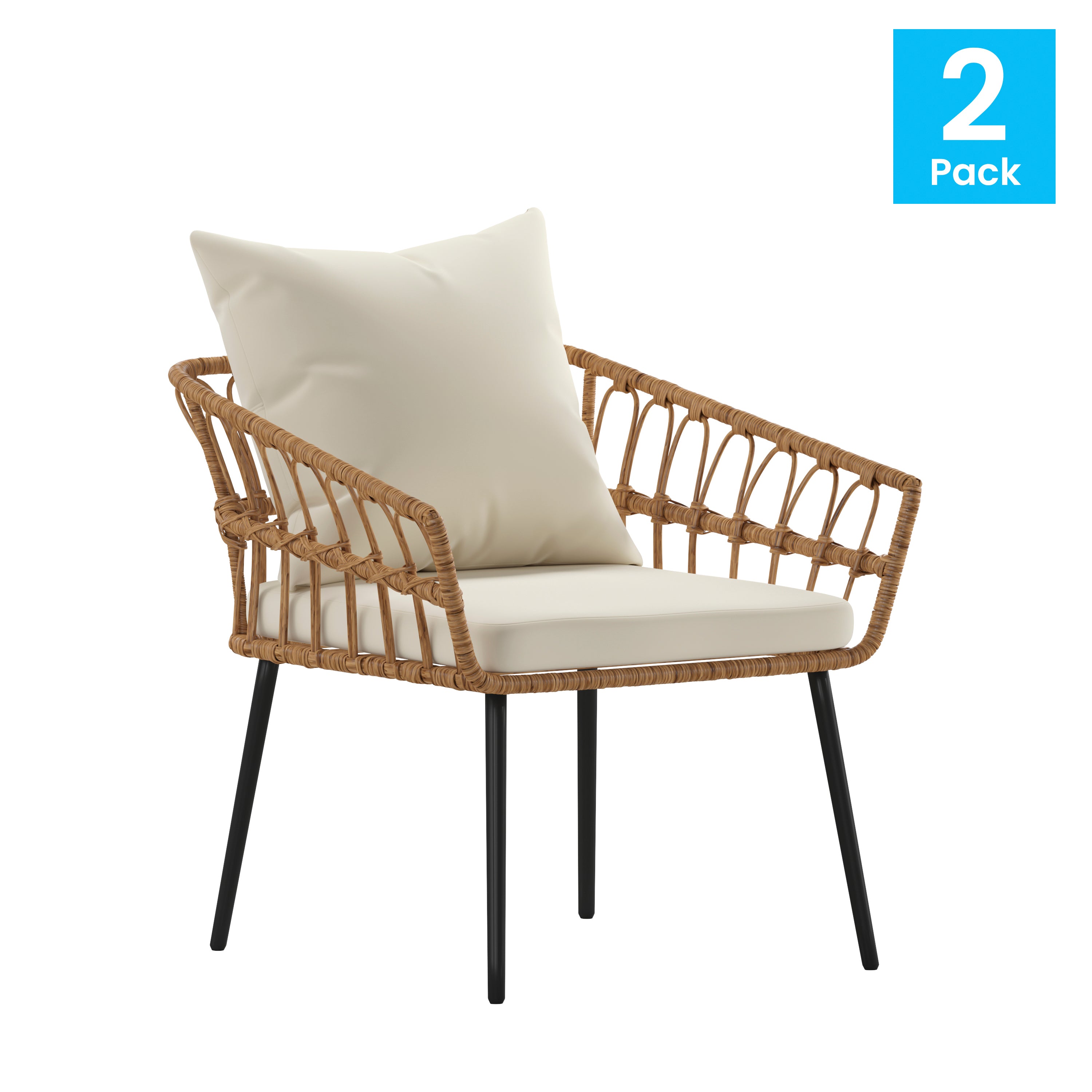Evin Set of 2 Boho Indoor/Outdoor Rope Rattan Wicker Patio Chairs with All-Weather Cushions-Rattan Patio Seating-Flash Furniture-Wall2Wall Furnishings