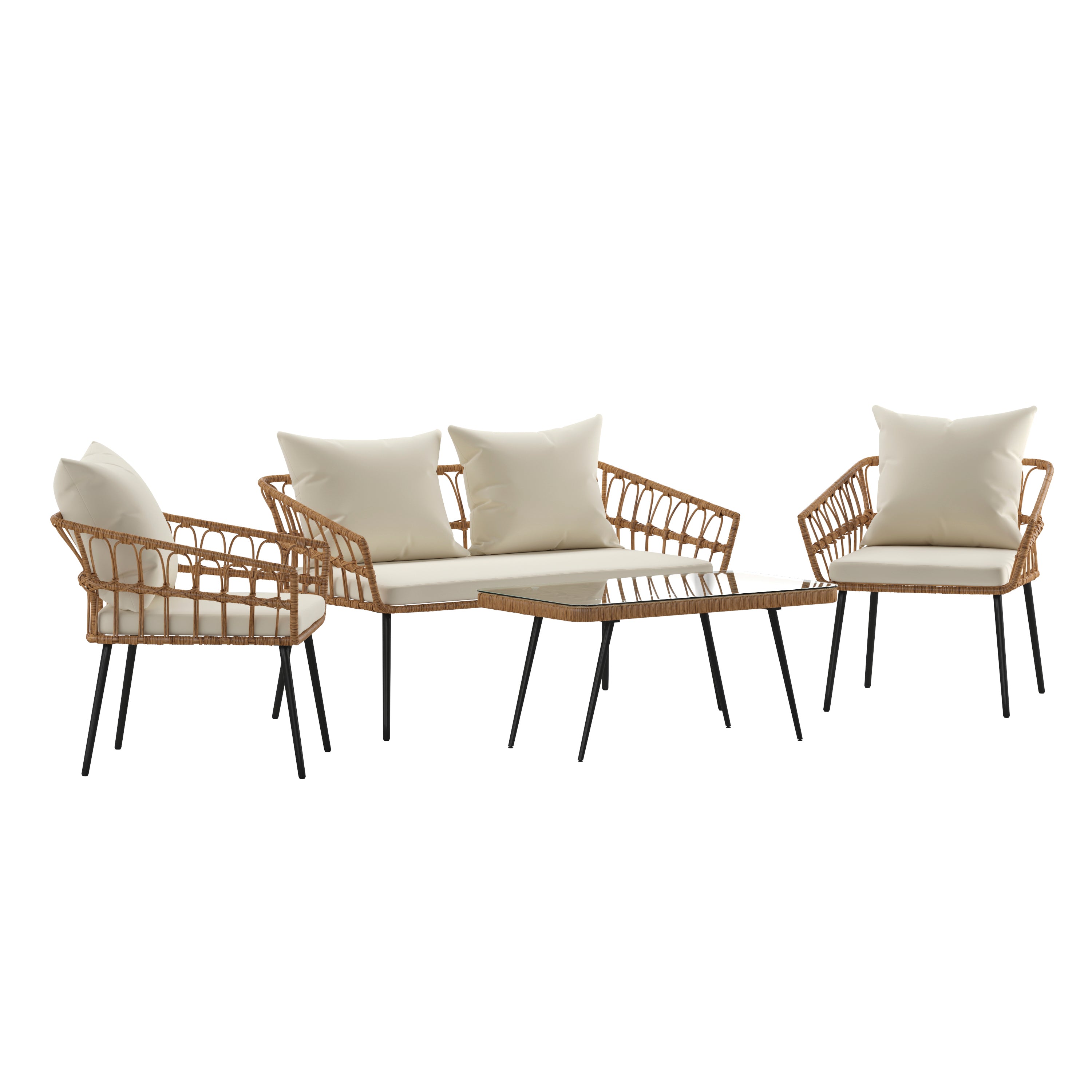 Evin Boho 4 Piece Indoor/Outdoor Rope Rattan Patio Conversation Set with Tempered Glass Top Coffee Table and Cushions-Rattan Conversation Set-Flash Furniture-Wall2Wall Furnishings