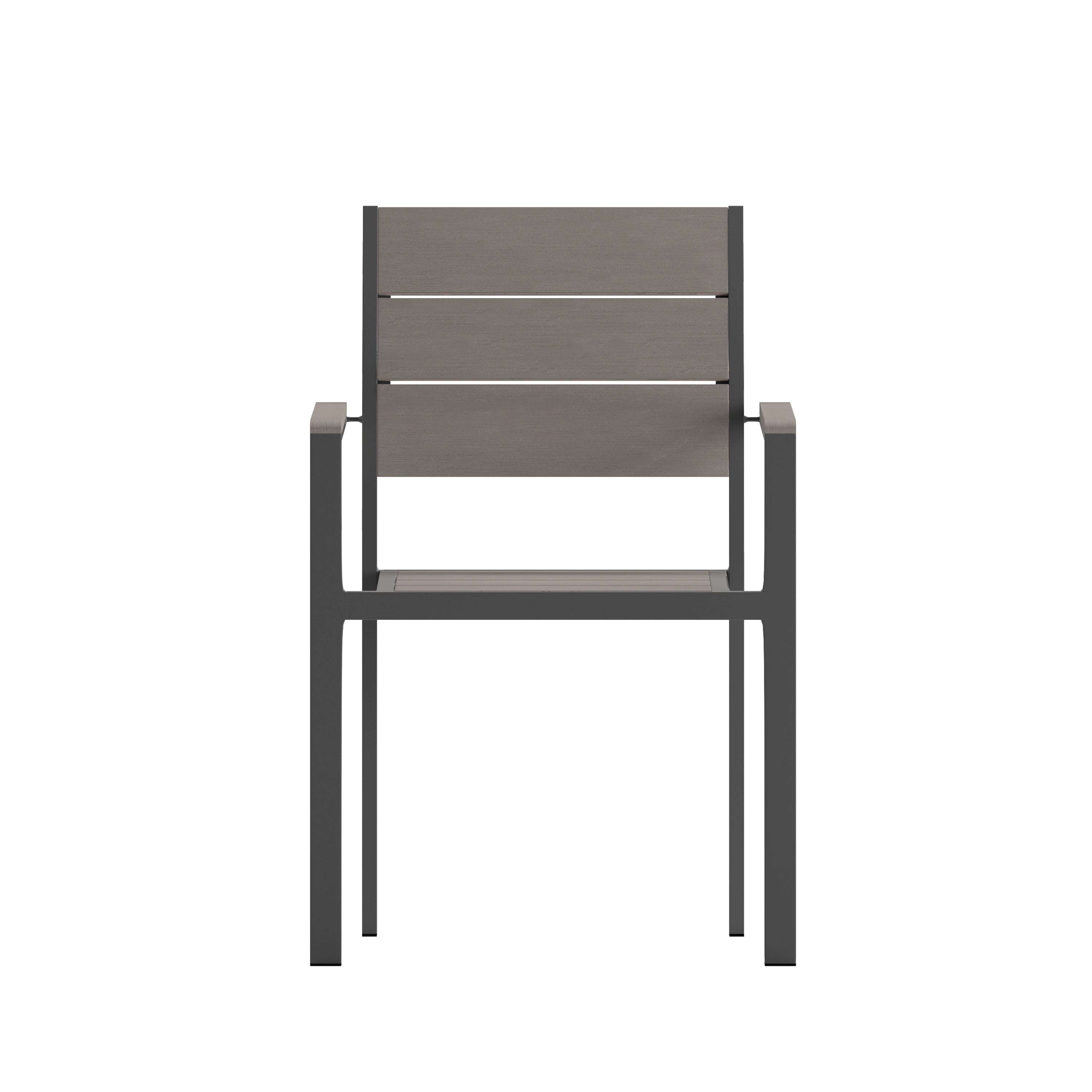 Finch Commercial Grade Patio Chair with Arms, Stackable Side Chair with Faux Teak Poly Slats and Metal Frame-Patio Chair-Flash Furniture-Wall2Wall Furnishings