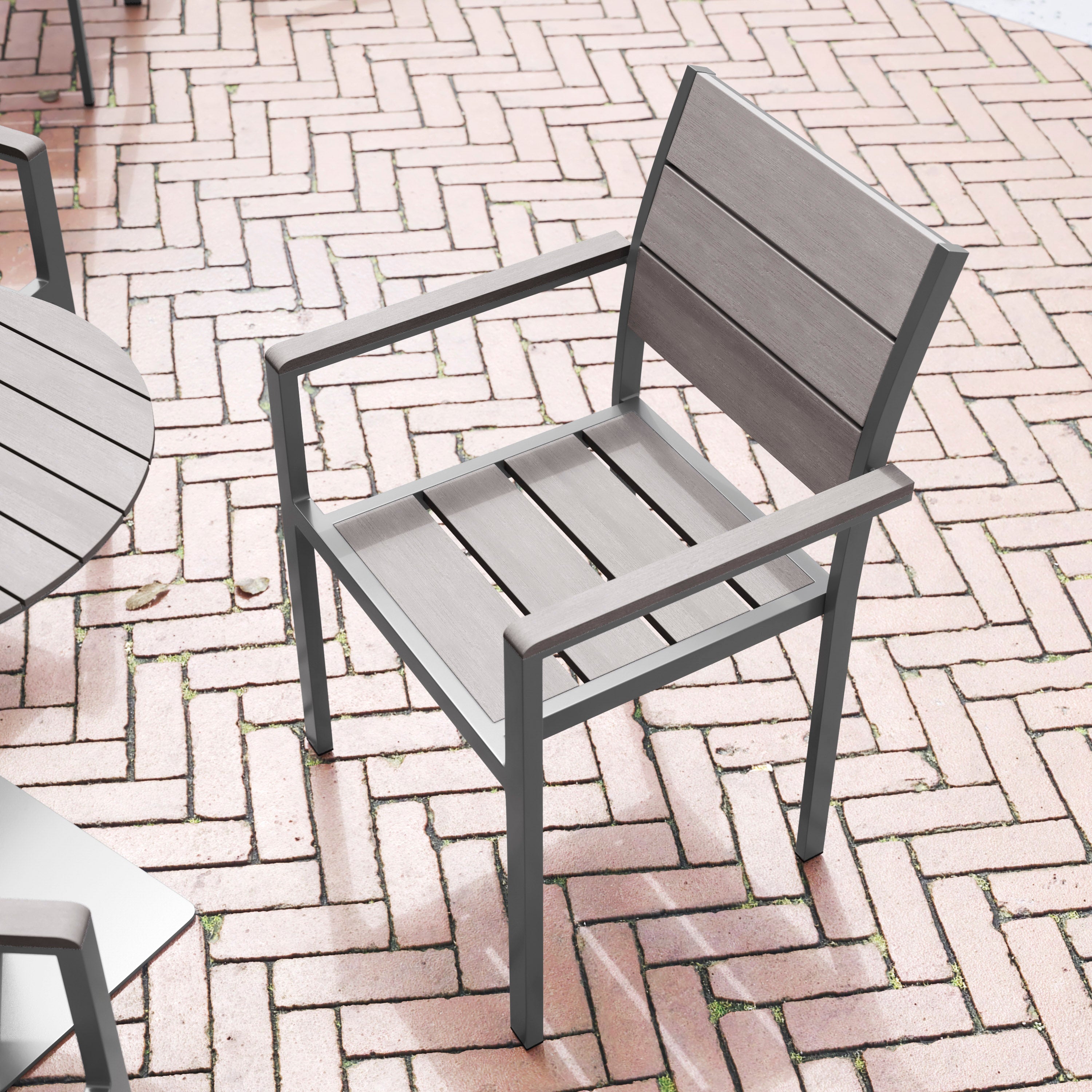 Finch Commercial Grade Patio Chair with Arms, Stackable Side Chair with Faux Teak Poly Slats and Metal Frame-Patio Chair-Flash Furniture-Wall2Wall Furnishings