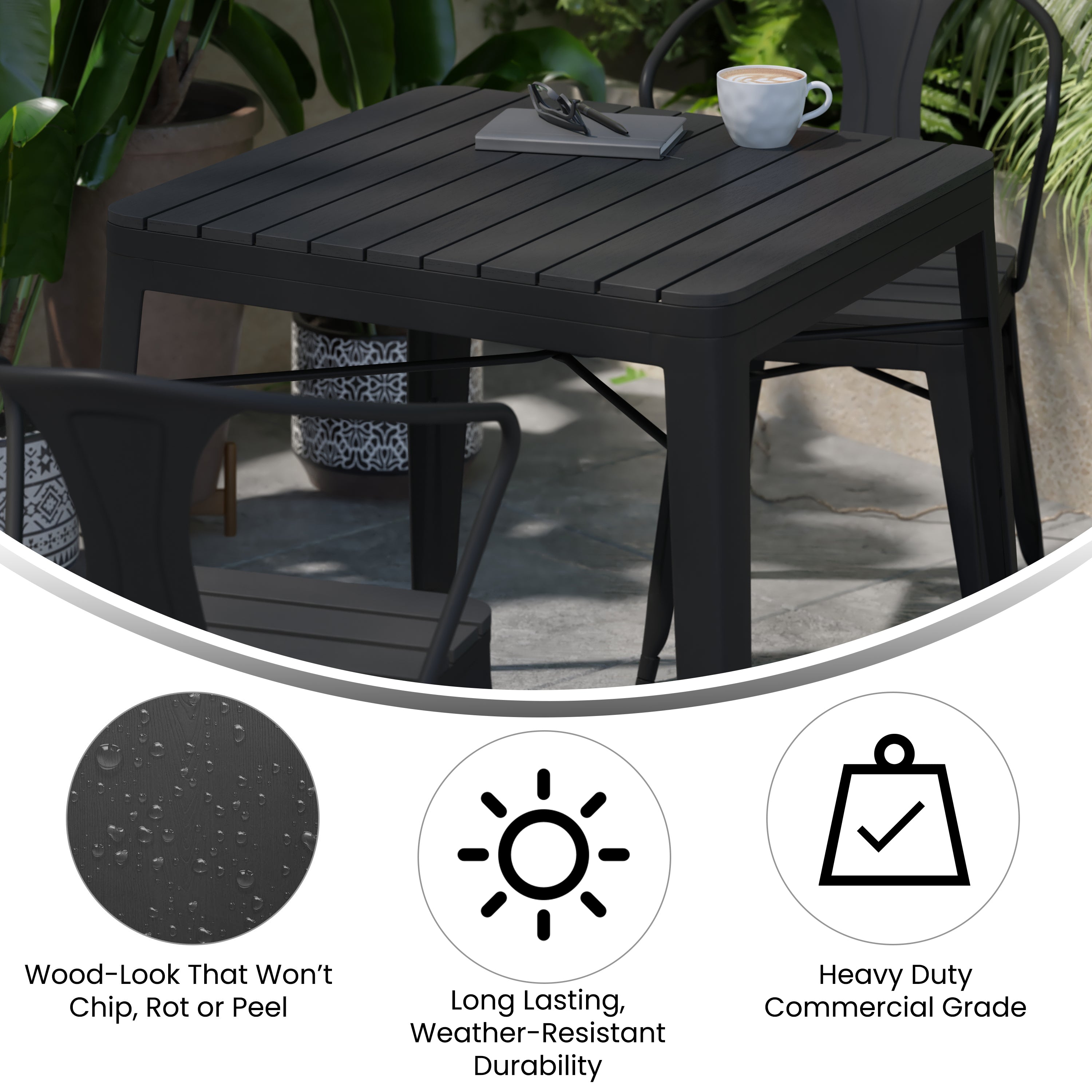Helvey 31.5" Square Commercial Grade Indoor/Outdoor Steel Patio Dining Table for 4 with Poly Resin Slatted Top-Metal/ Restaurant Table-Flash Furniture-Wall2Wall Furnishings