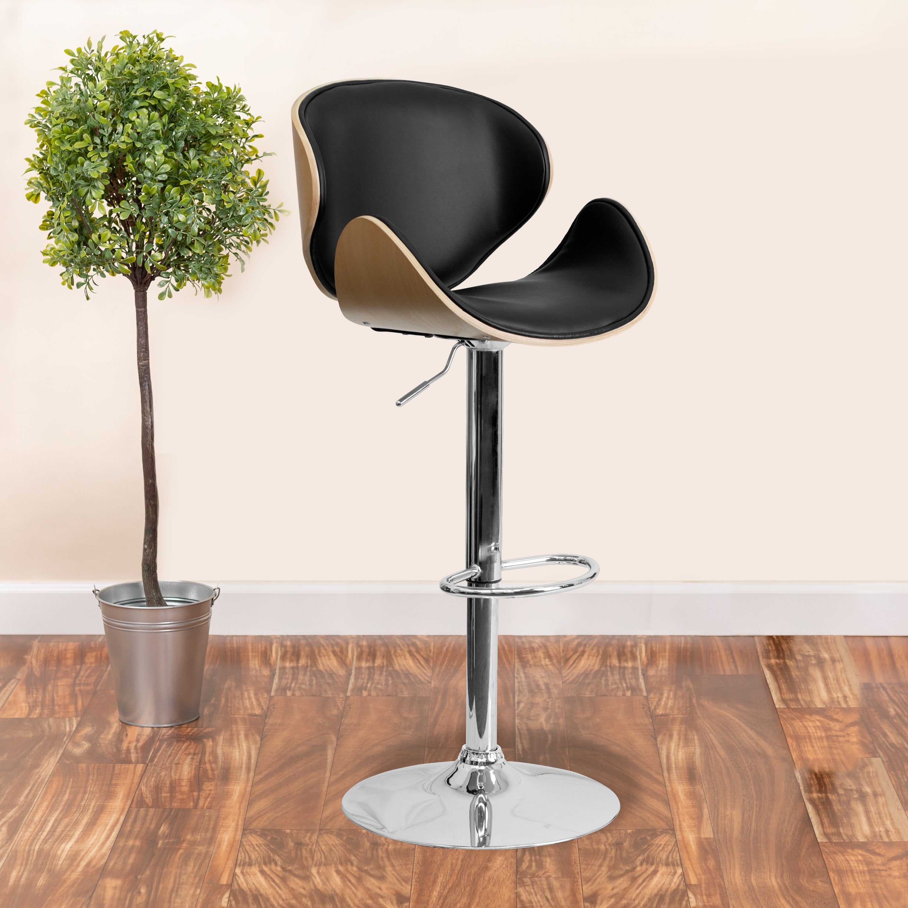 Bentwood Adjustable Height Barstool with Curved Vinyl Seat and Back