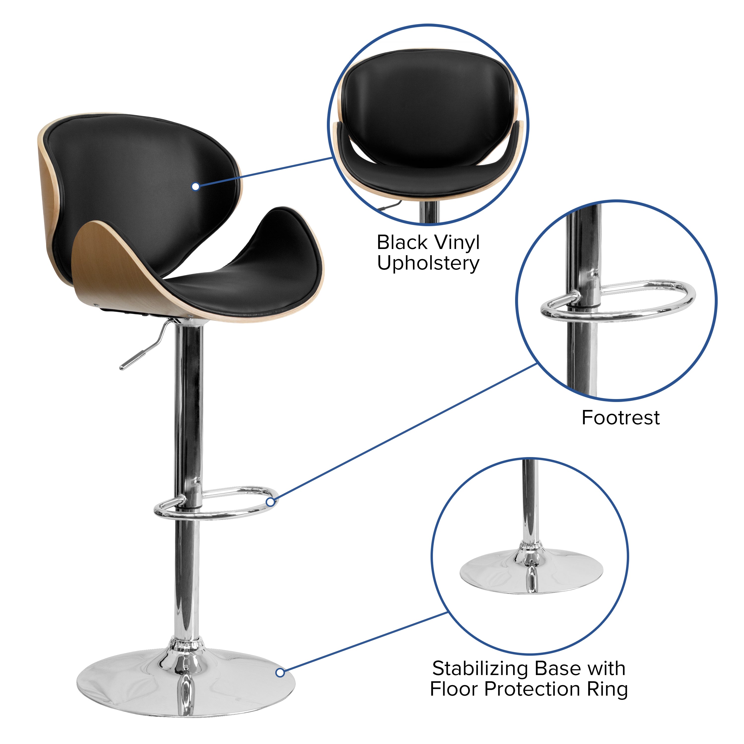 Bentwood Adjustable Height Barstool with Curved Vinyl Seat and Back