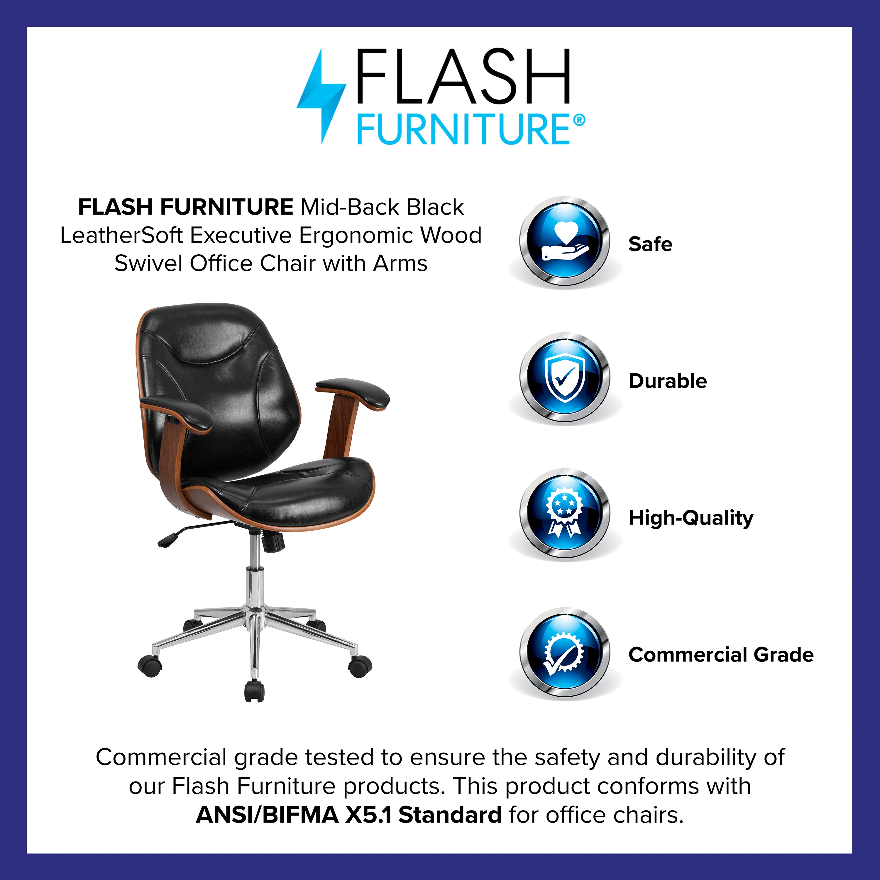Mid-Back LeatherSoft Executive Ergonomic Wood Swivel Office Chair with Arms-Office Chair-Flash Furniture-Wall2Wall Furnishings