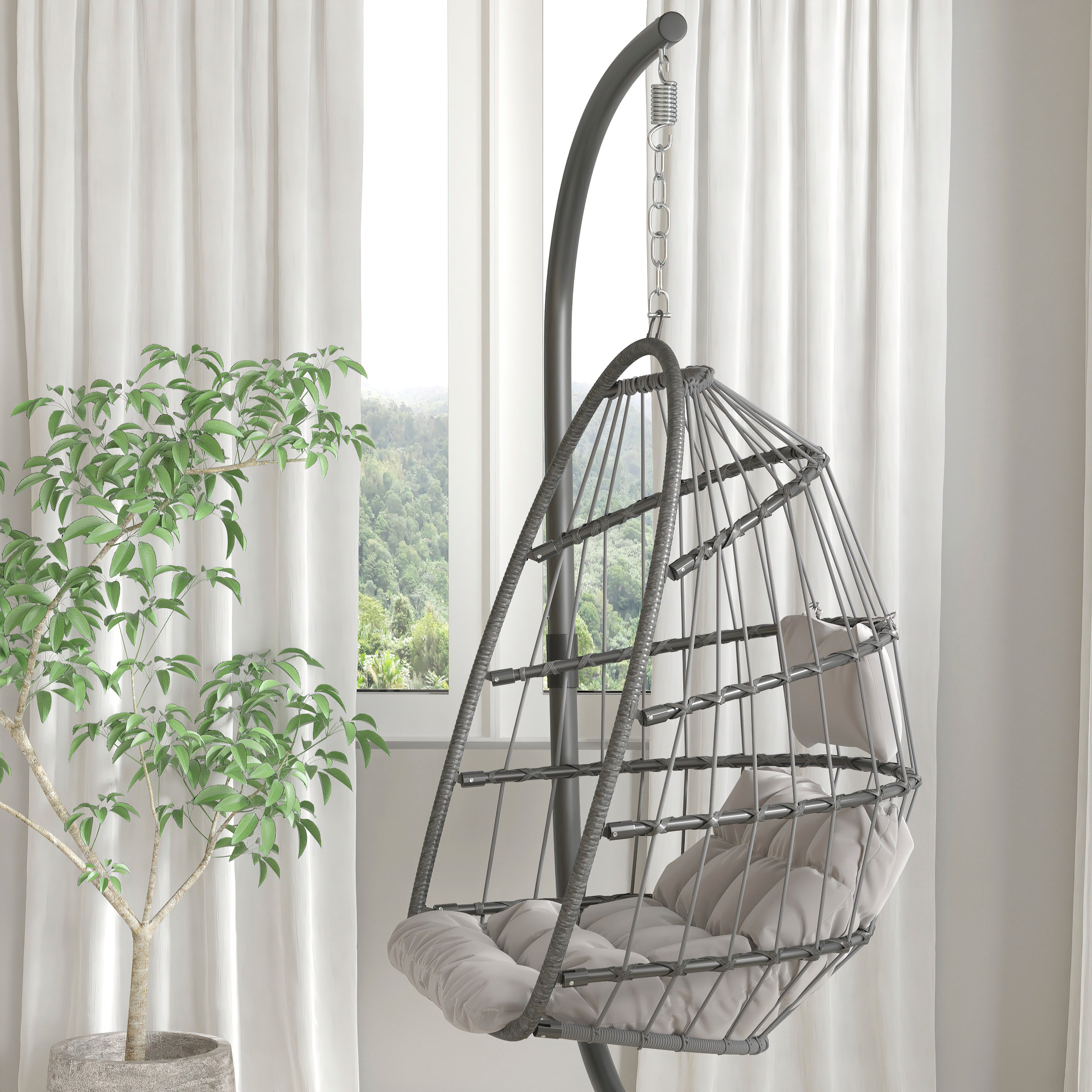 Cleo Patio Hanging Egg Chair, Wicker Hammock with Soft Seat Cushions & Swing Stand, Indoor/Outdoor Cushions-Hammock Chair-Flash Furniture-Wall2Wall Furnishings