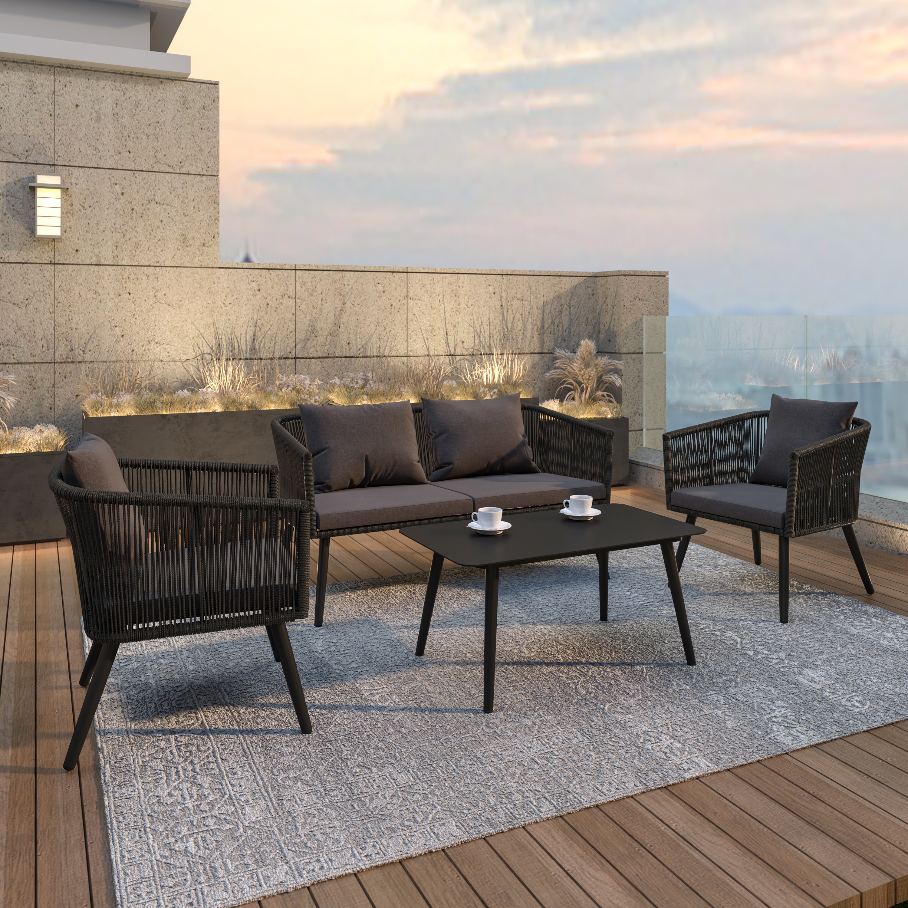 Kierra All-Weather 4-Piece Woven Conversation Set with Zippered Removable Cushions & Metal Coffee Table-Outdoor Set-Flash Furniture-Wall2Wall Furnishings