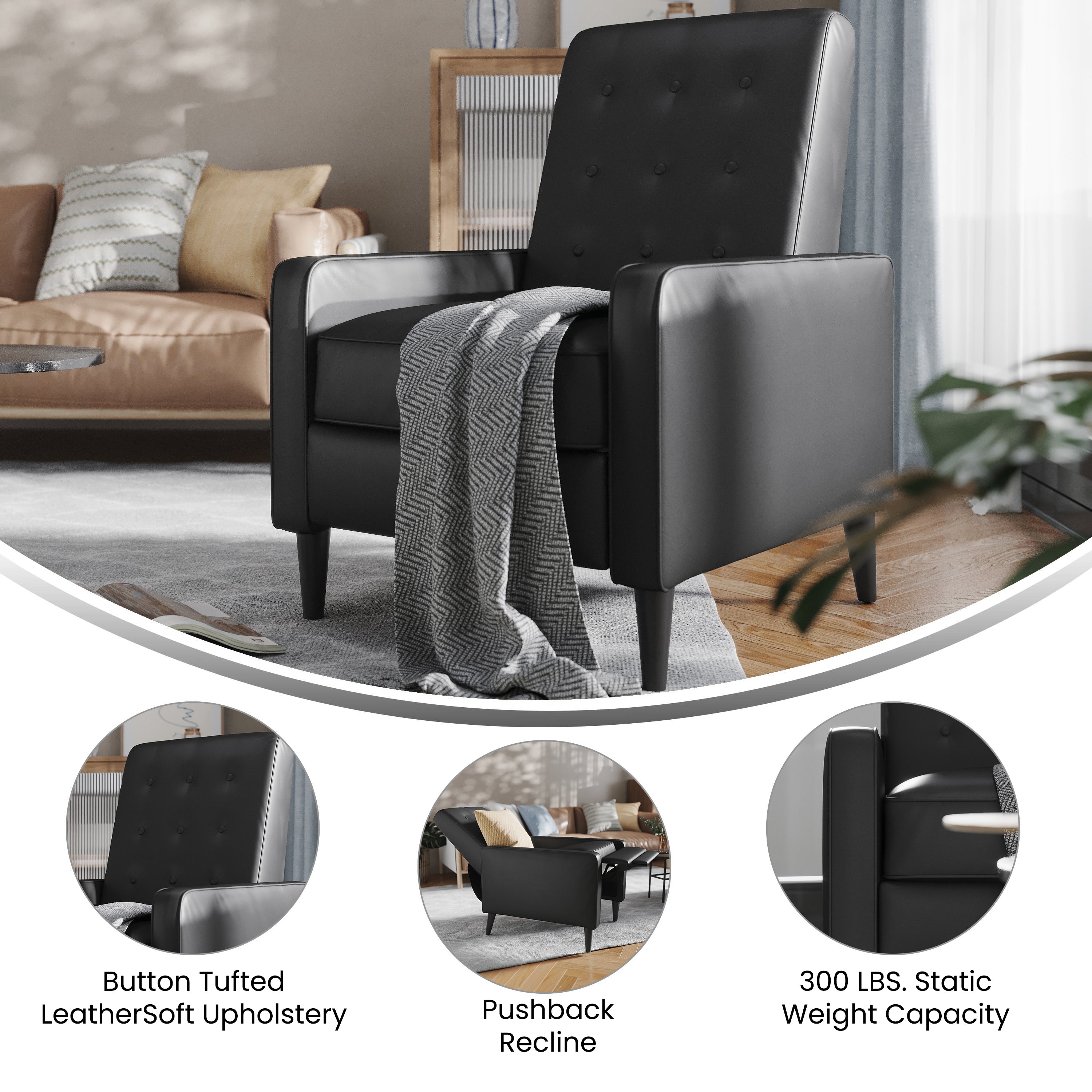 Ezra Mid-Century Modern Upholstered Button Tufted Pushback Recliner for Residential & Commercial Use