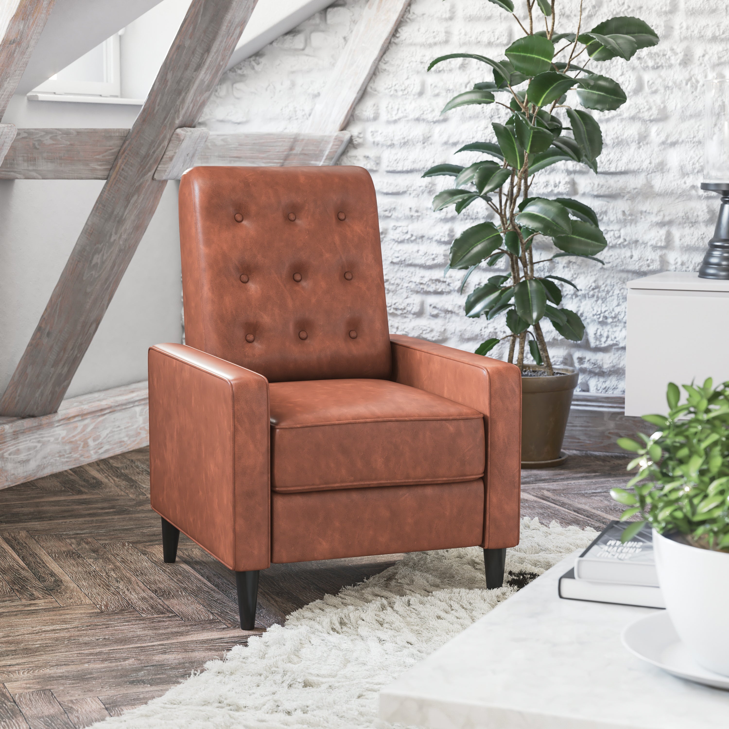 Ezra Mid-Century Modern Upholstered Button Tufted Pushback Recliner for Residential & Commercial Use