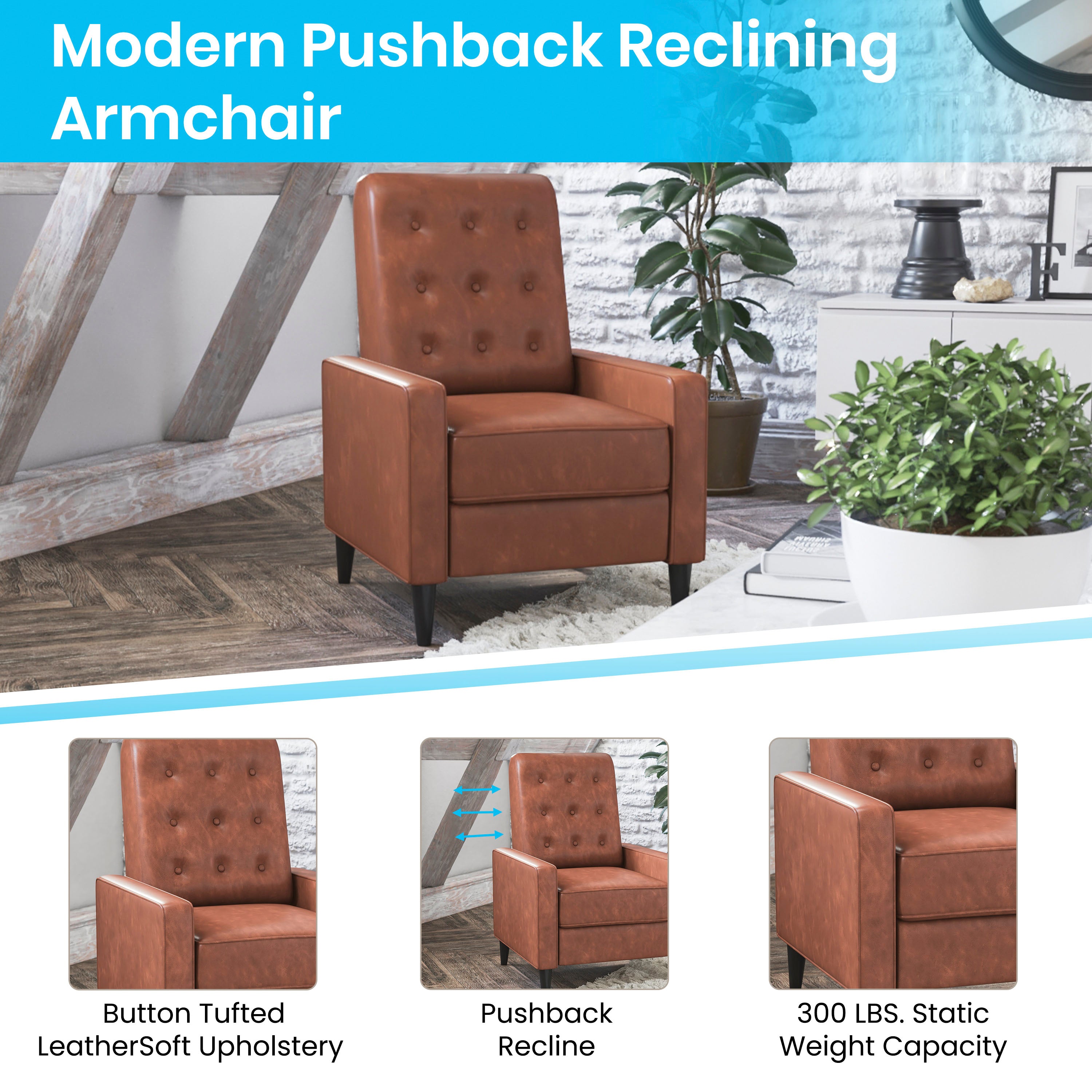 Ezra Mid-Century Modern Upholstered Button Tufted Pushback Recliner for Residential & Commercial Use