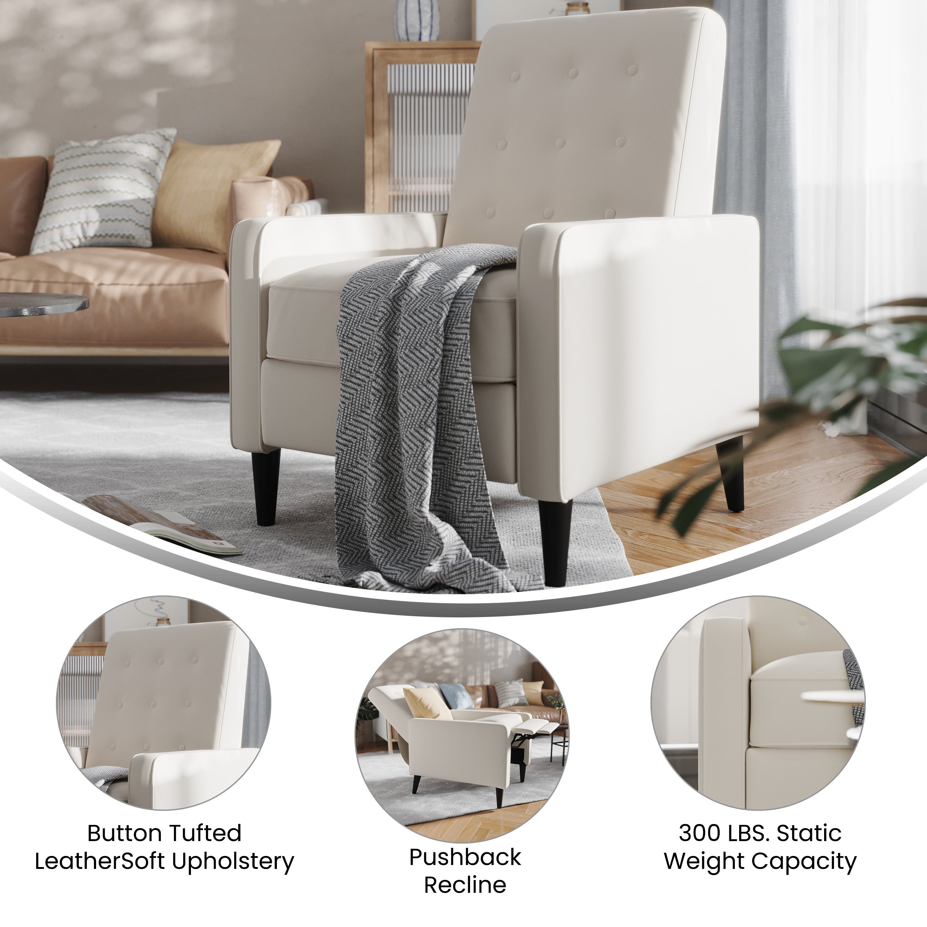 Ezra Mid-Century Modern Upholstered Button Tufted Pushback Recliner for Residential & Commercial Use