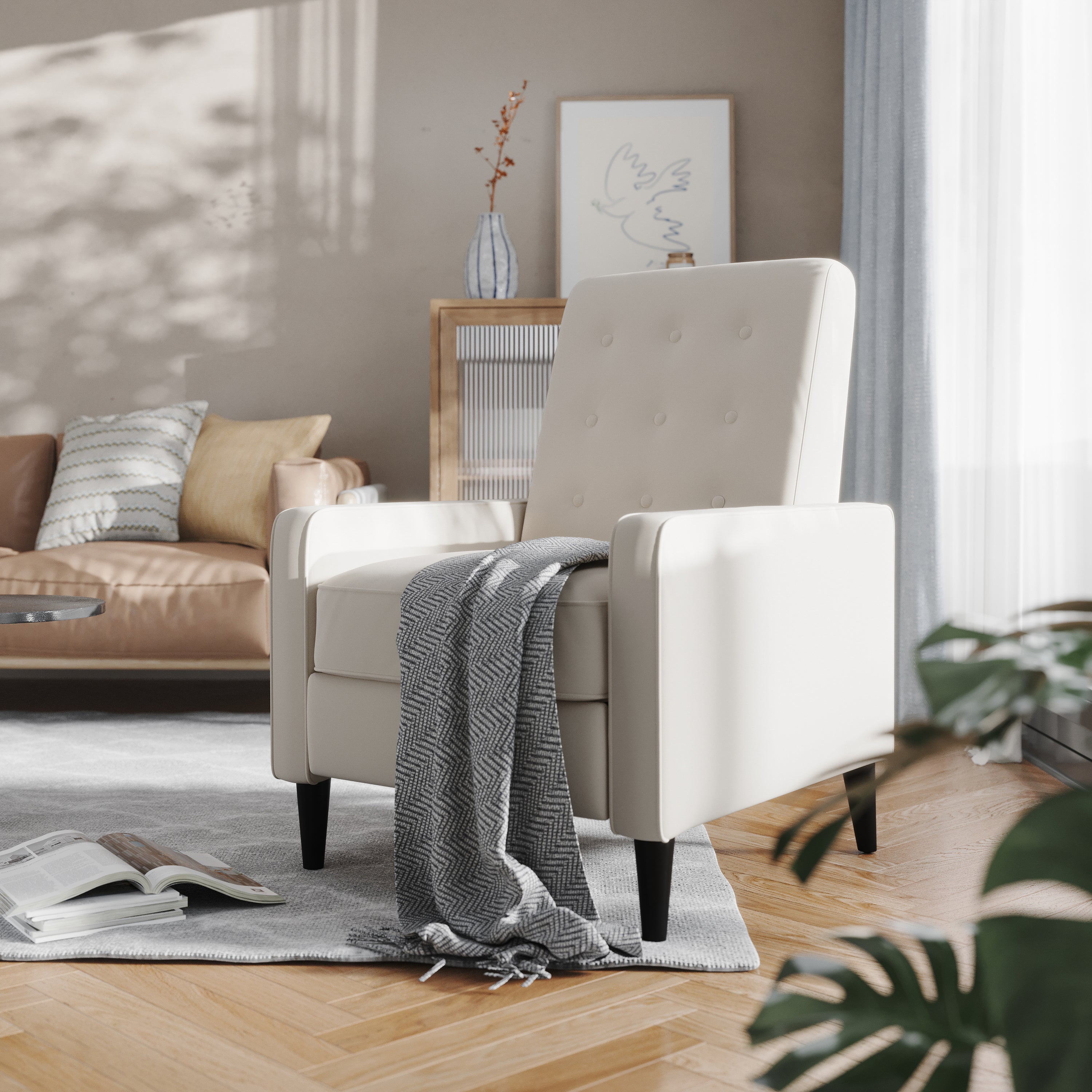 Ezra Mid-Century Modern Upholstered Button Tufted Pushback Recliner for Residential & Commercial Use