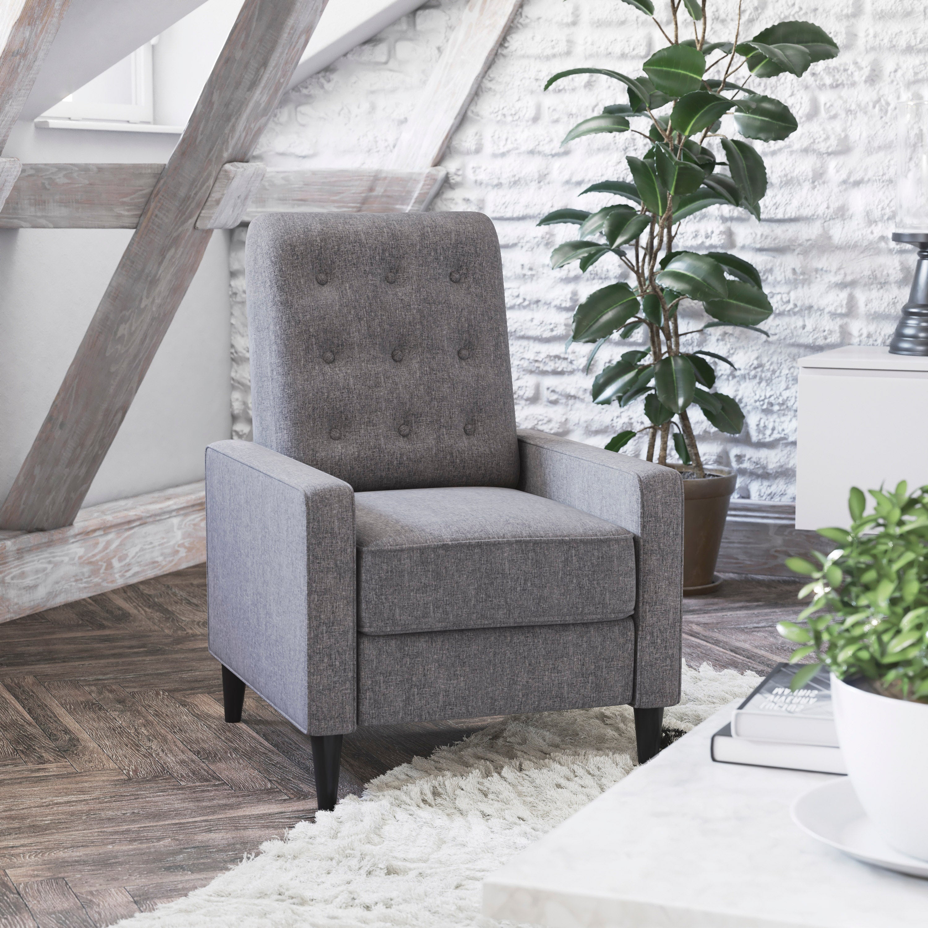 Ezra Mid-Century Modern Upholstered Button Tufted Pushback Recliner for Residential & Commercial Use