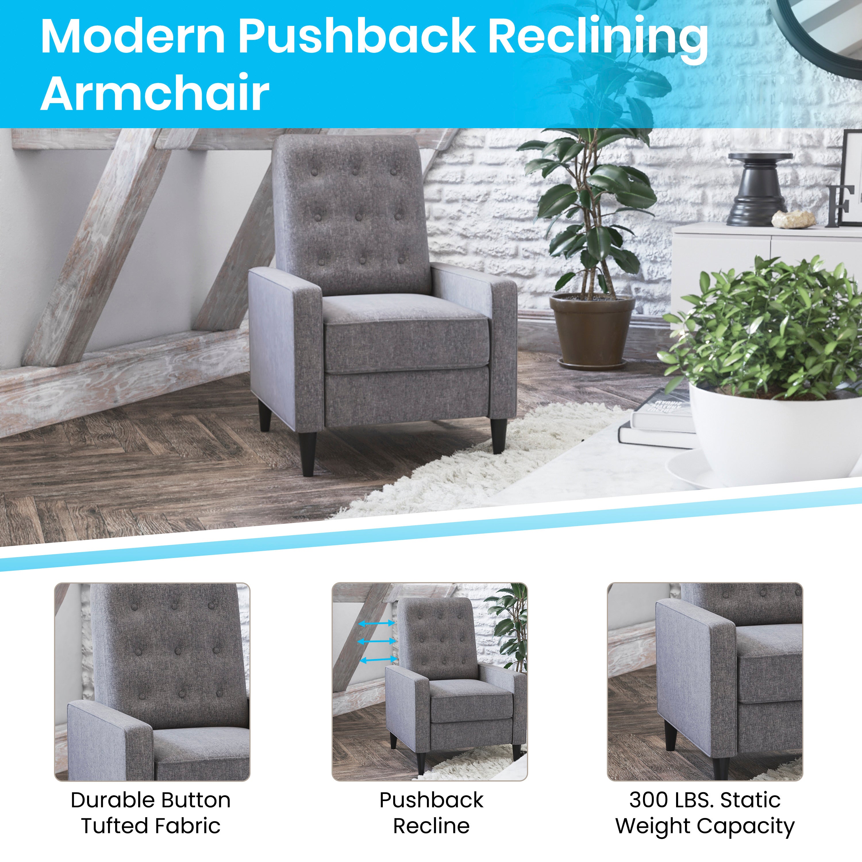 Ezra Mid-Century Modern Upholstered Button Tufted Pushback Recliner for Residential & Commercial Use