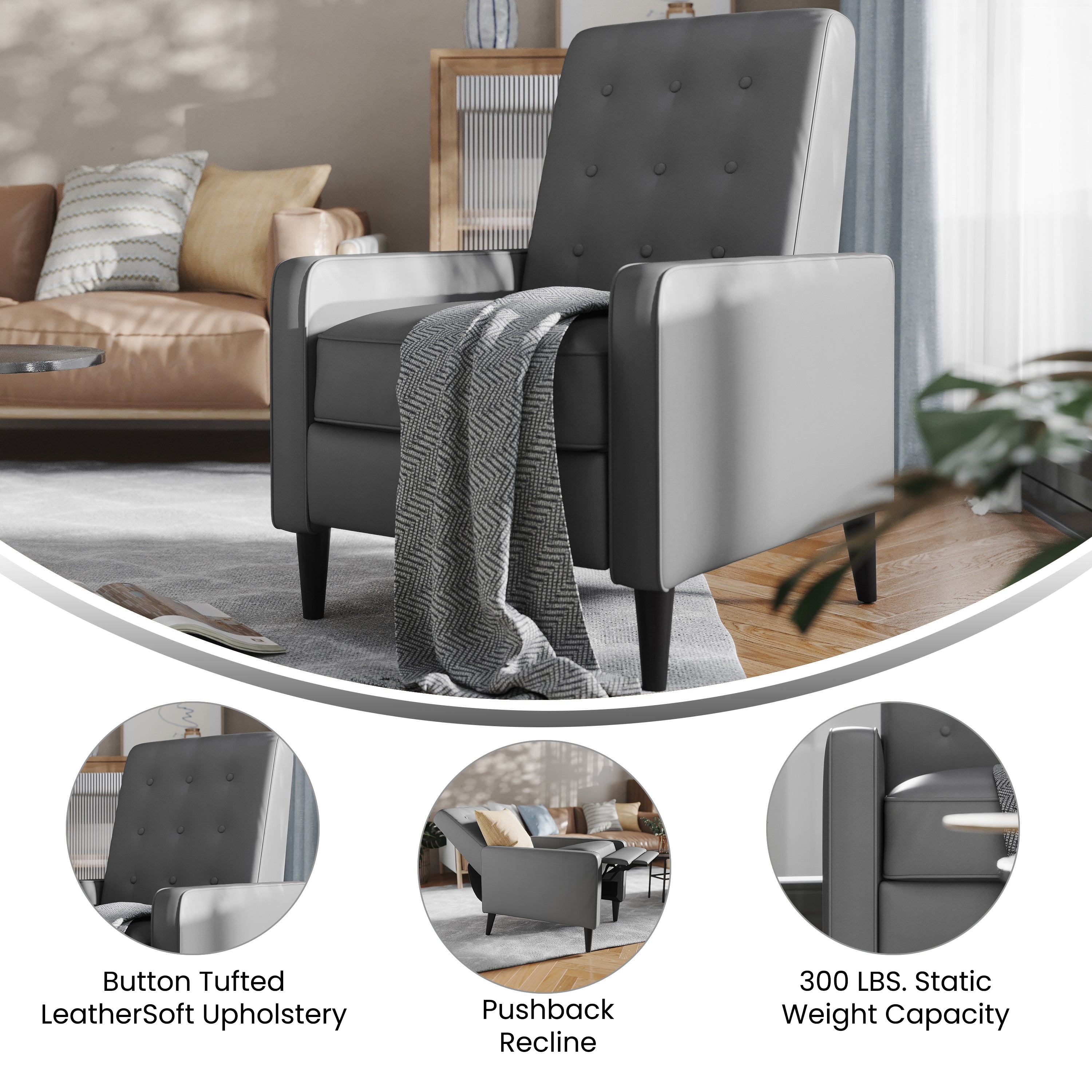 Ezra Mid-Century Modern Upholstered Button Tufted Pushback Recliner for Residential & Commercial Use