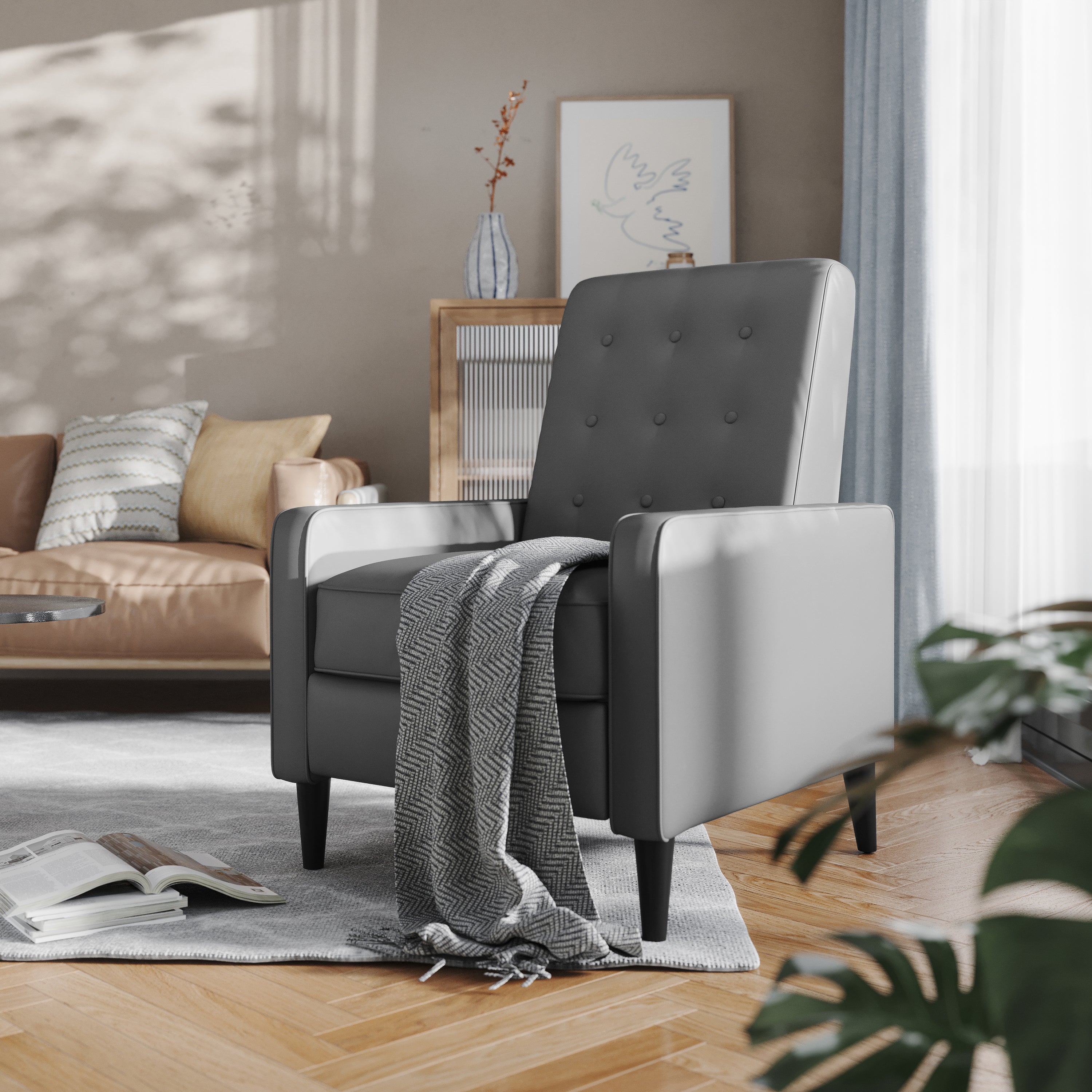 Ezra Mid-Century Modern Upholstered Button Tufted Pushback Recliner for Residential & Commercial Use