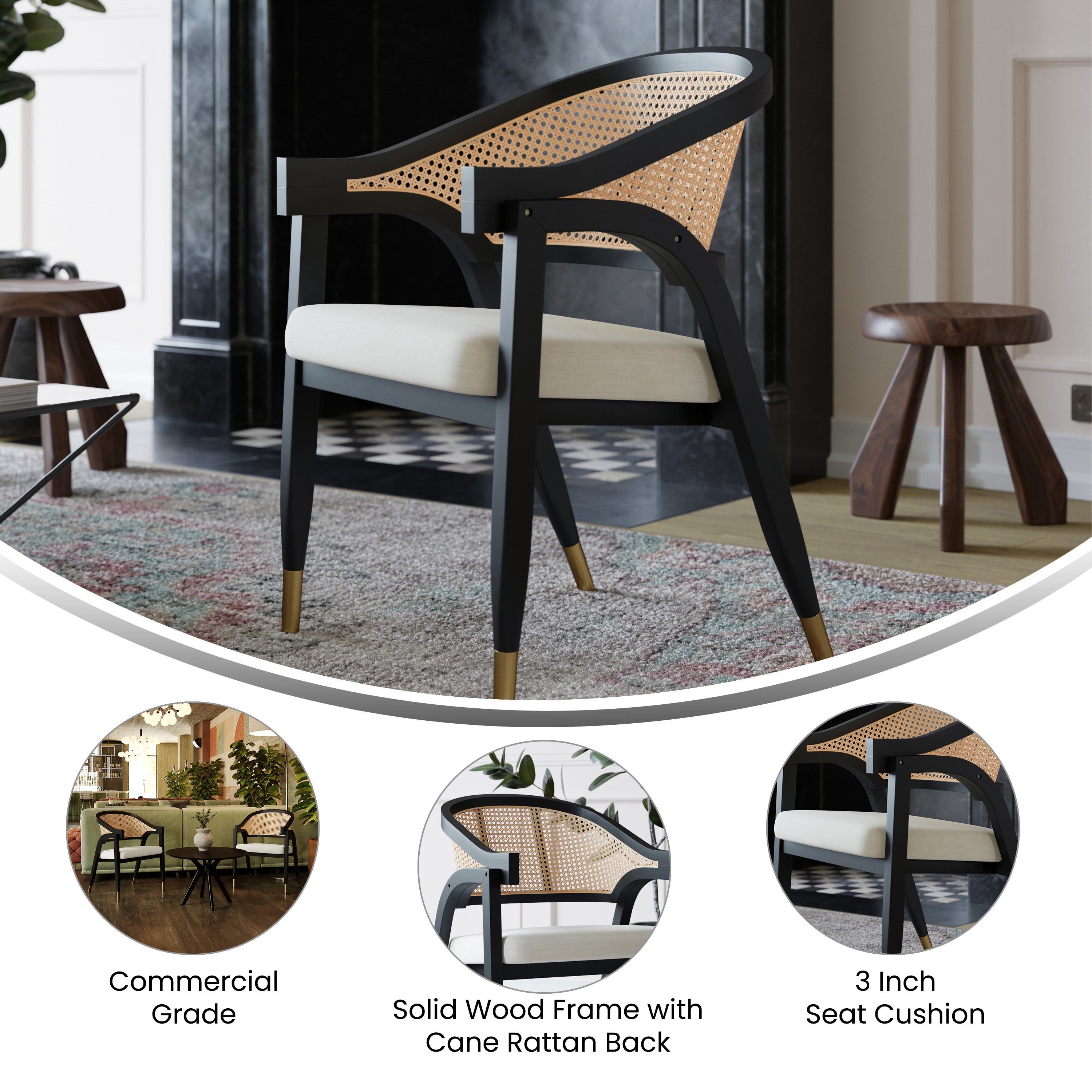 Naomi Commercial Cane Rattan Dining and Accent Chair with Solid Wood Frame Featuring Metallic Tipped Legs and Padded Seat-Accent Chair-Flash Furniture-Wall2Wall Furnishings