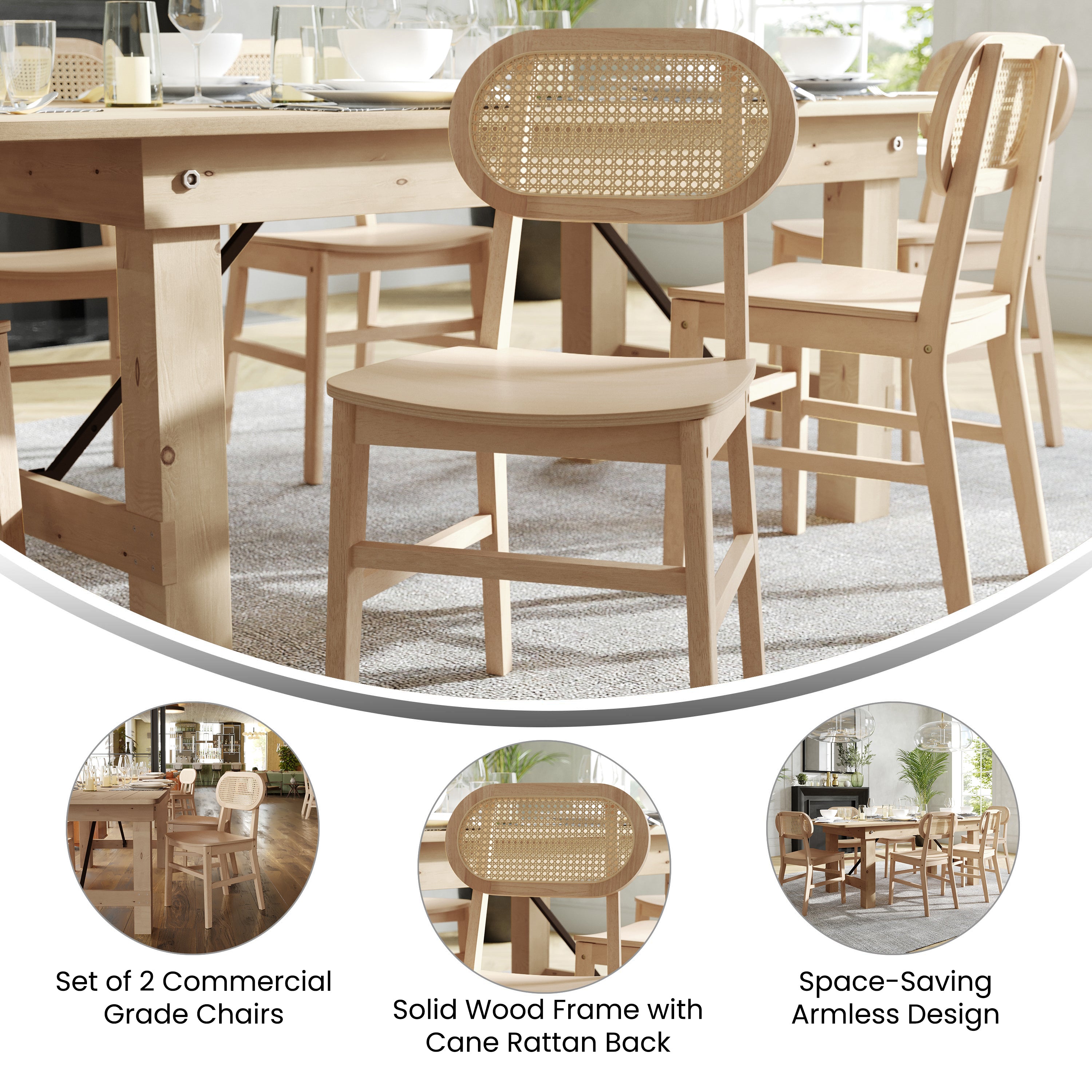 Jacob Set of 2 Commercial Cane Rattan Dining and Event Chairs with Solid Wood Frame and Seat
