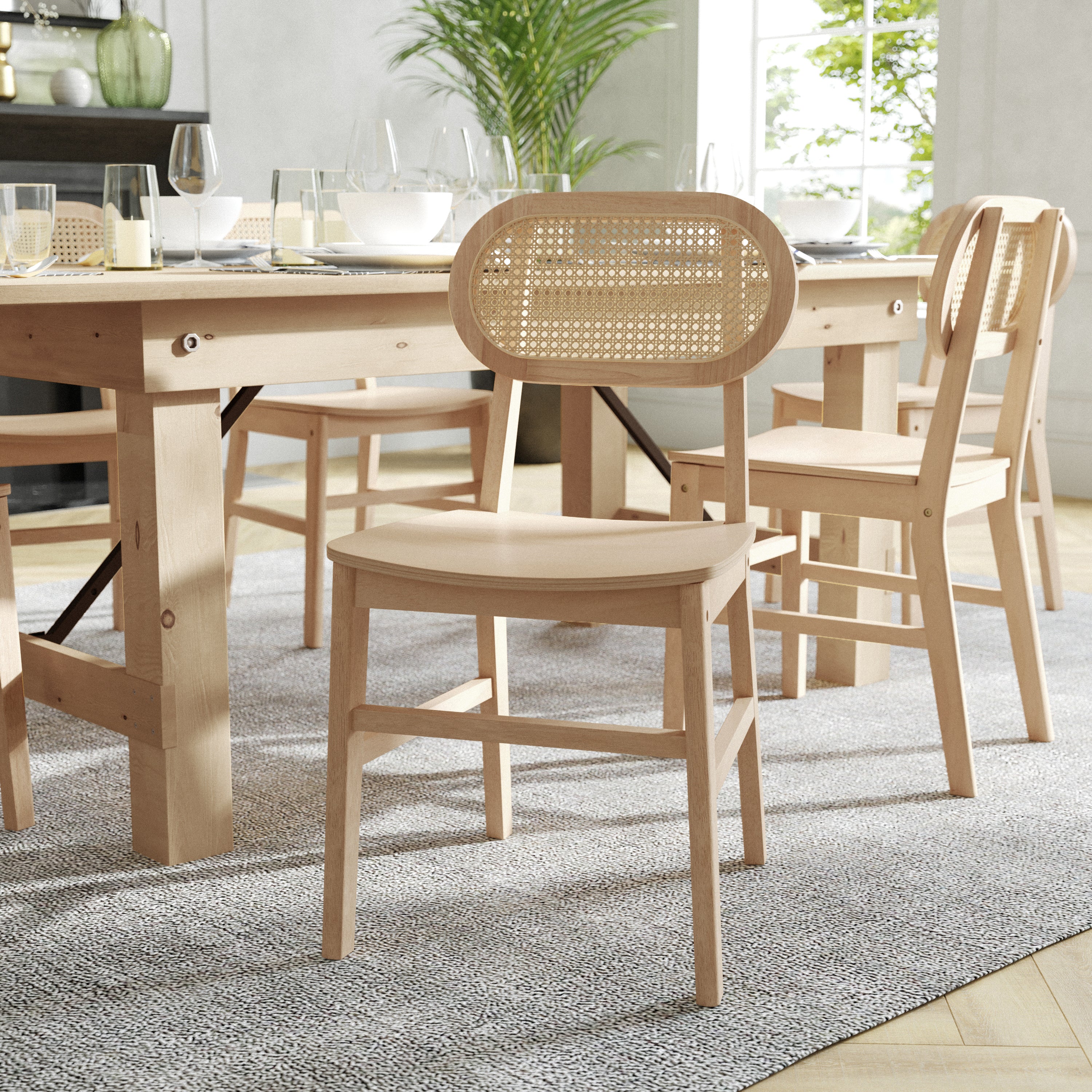 Jacob Set of 2 Commercial Cane Rattan Dining and Event Chairs with Solid Wood Frame and Seat