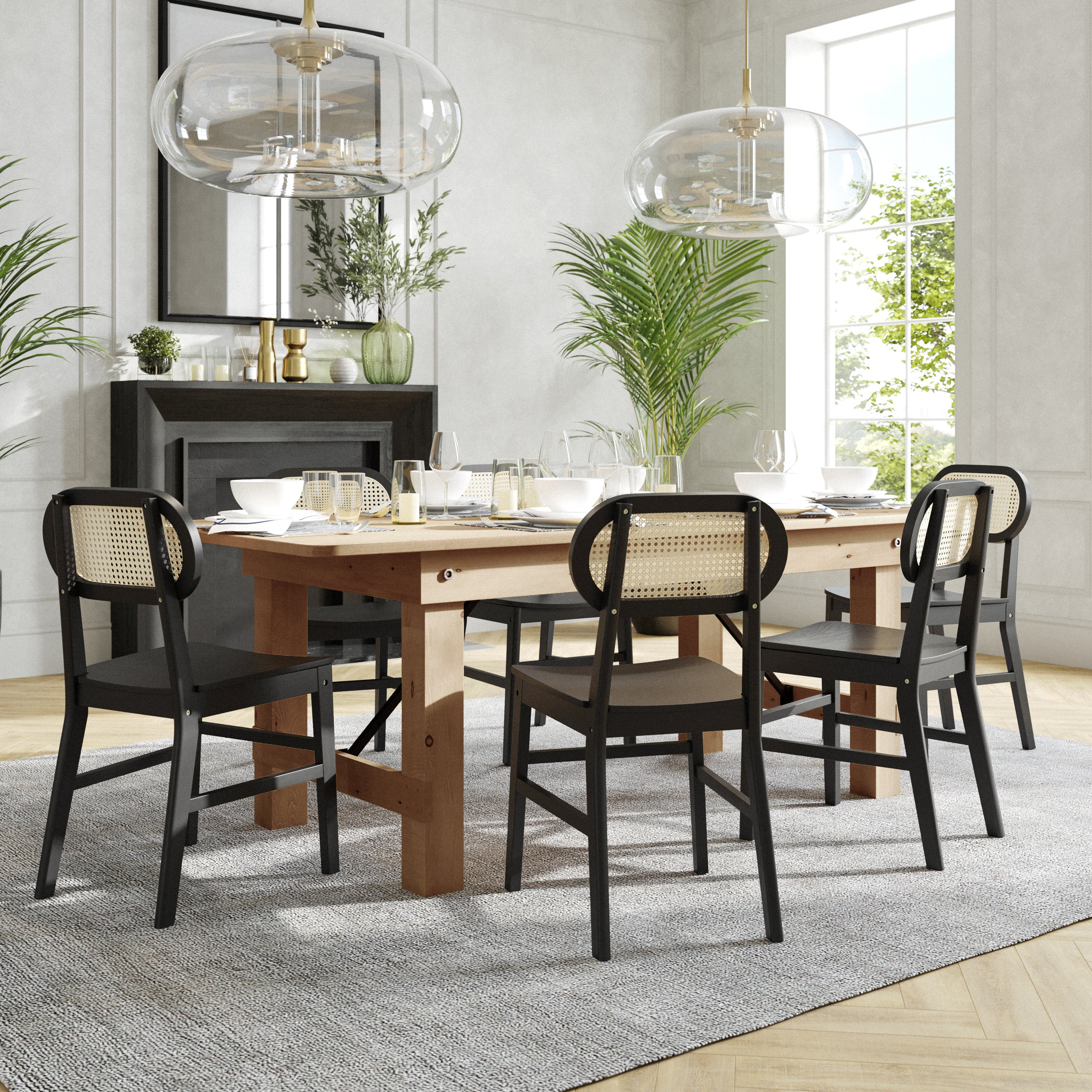 Jacob Set of 2 Commercial Cane Rattan Dining and Event Chairs with Solid Wood Frame and Seat