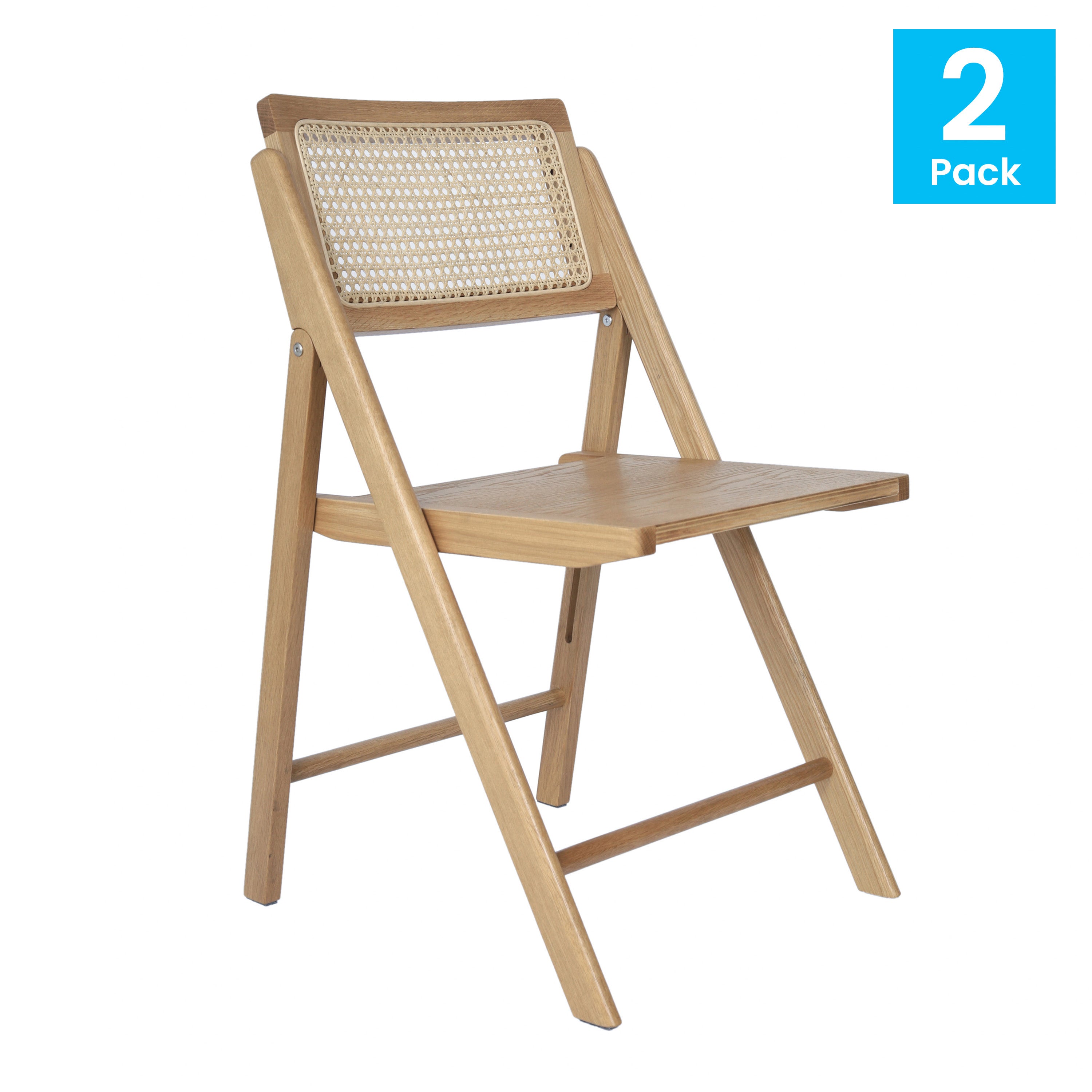 Galene Set of 2 Cane Rattan Folding Chairs with Solid Wood Frame and Seat and Ventilated Back, Perfect for Events or Additional Seating-Folding Chair-Flash Furniture-Wall2Wall Furnishings