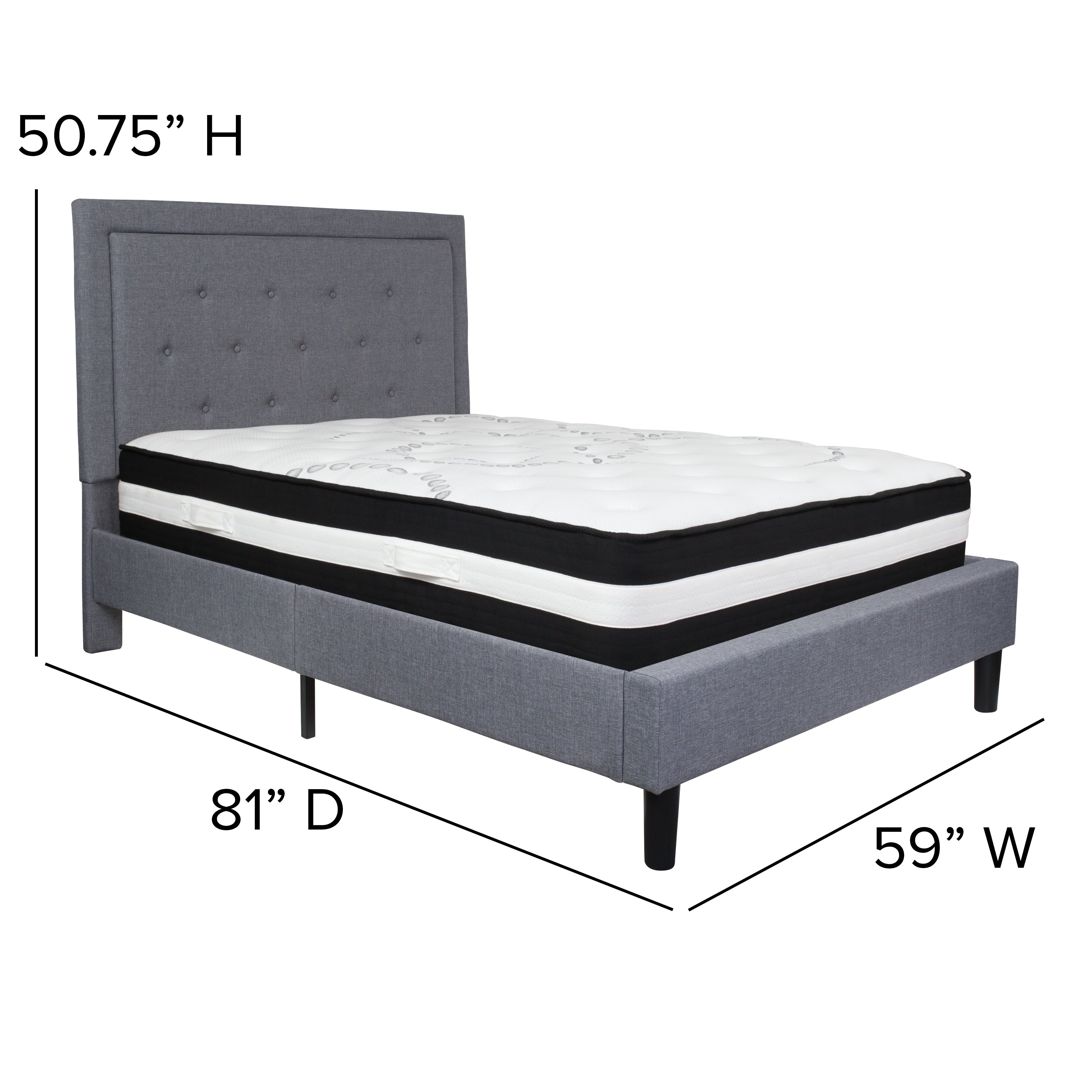 Roxbury Panel Tufted Upholstered Platform Bed and Pocket Spring Mattress-Bed & Mattress-Flash Furniture-Wall2Wall Furnishings