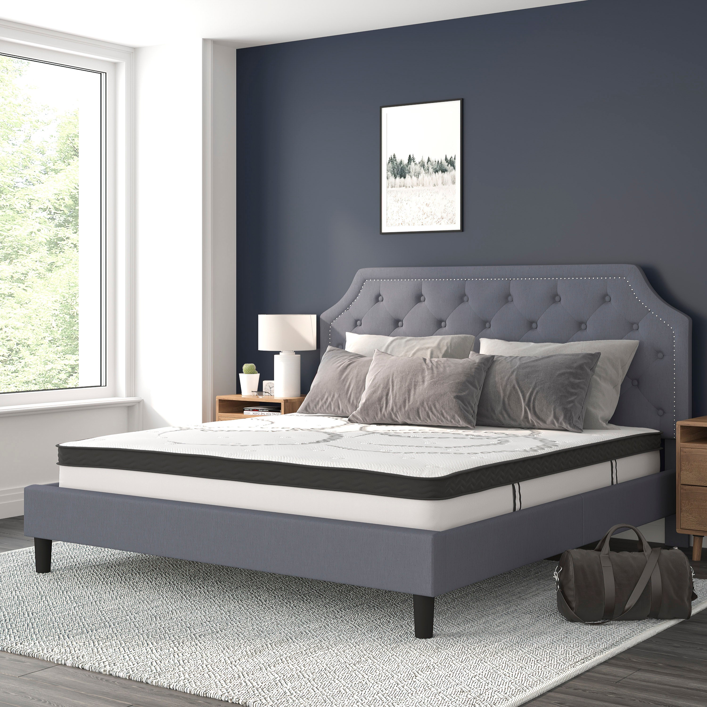 Brighton Tufted Upholstered Platform Bed with 10 Inch CertiPUR-US Certified Foam and Pocket Spring Mattress-Bed & Mattress-Flash Furniture-Wall2Wall Furnishings