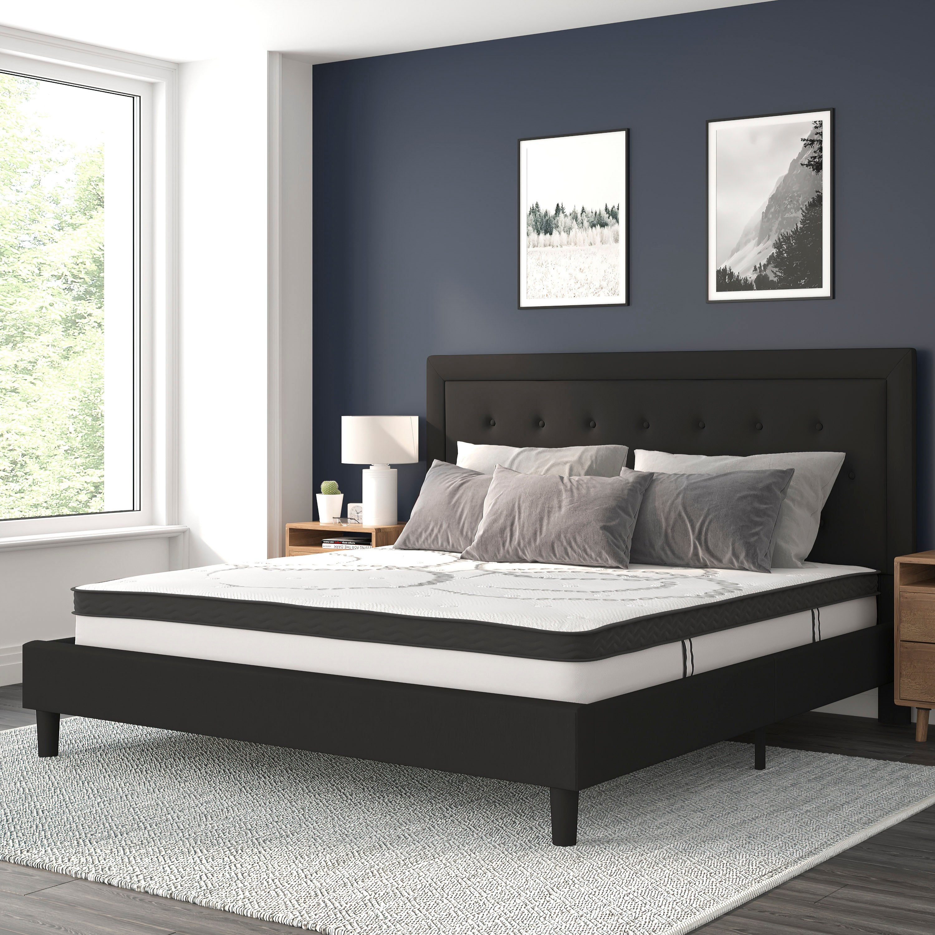 Roxbury Tufted Upholstered Platform Bed with 10 Inch CertiPUR-US Certified Foam and Pocket Spring Mattress-Bed & Mattress-Flash Furniture-Wall2Wall Furnishings