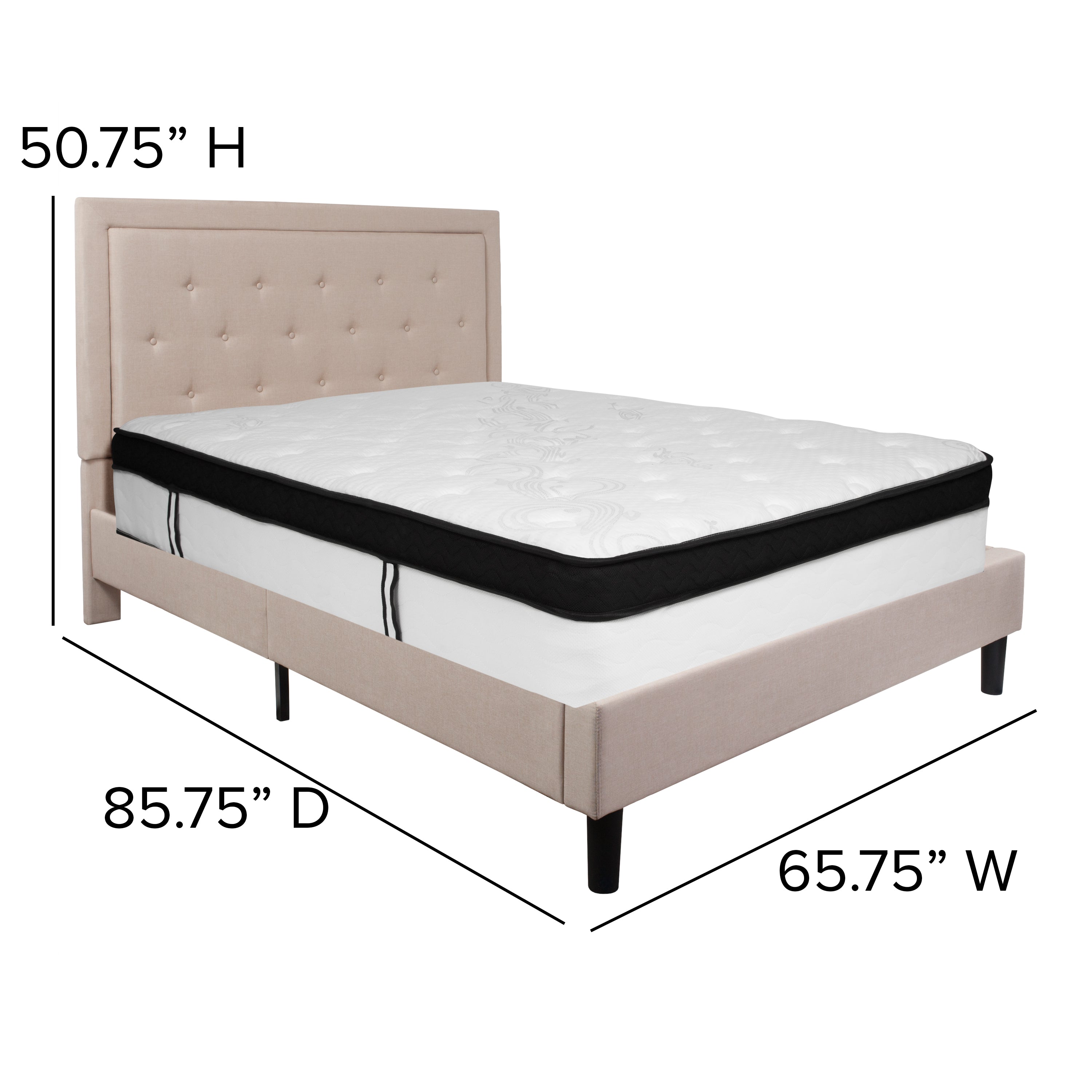 Roxbury Panel Tufted Upholstered Platform Bed and Memory Foam Pocket Spring Mattress