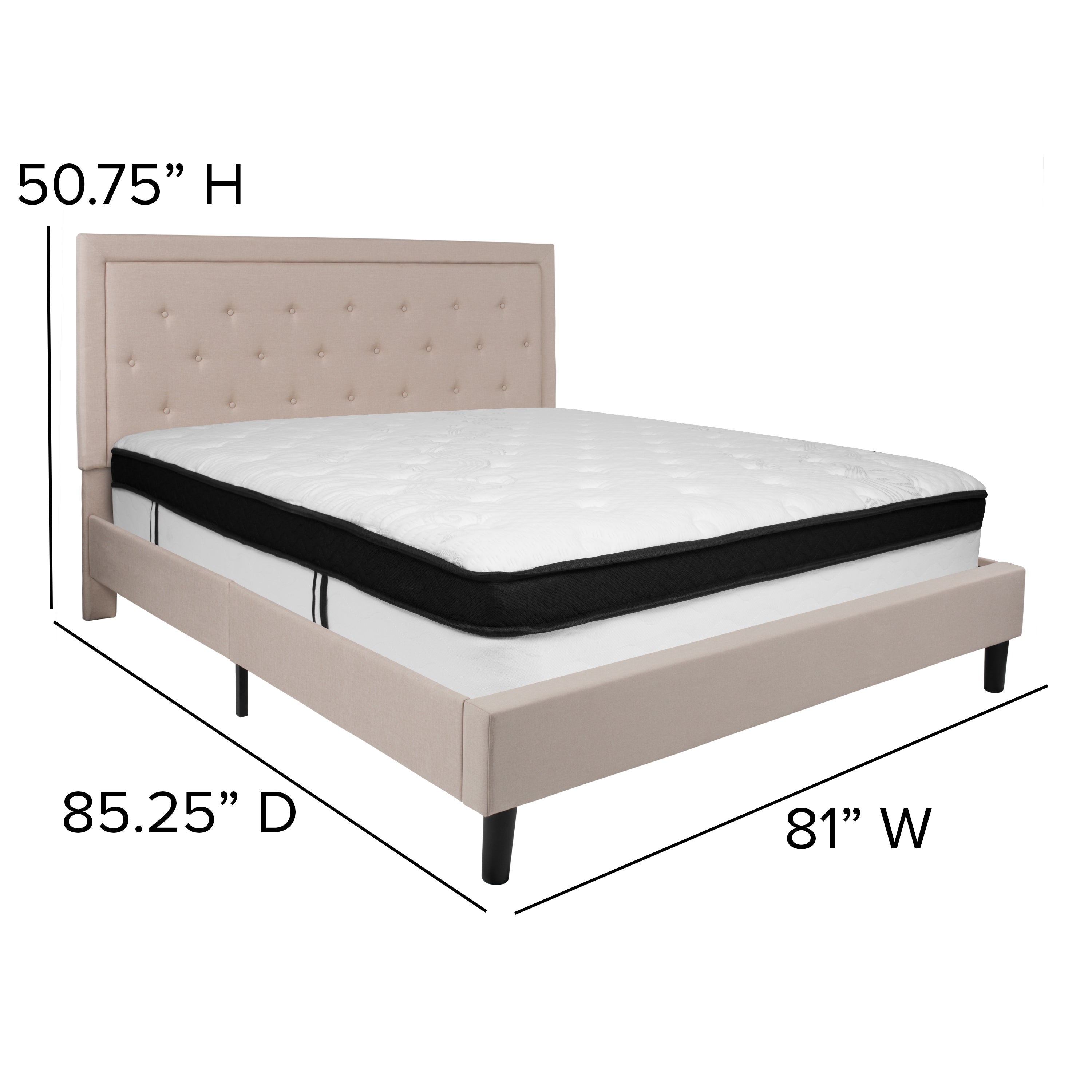 Roxbury Panel Tufted Upholstered Platform Bed and Memory Foam Pocket Spring Mattress-Bed & Mattress-Flash Furniture-Wall2Wall Furnishings