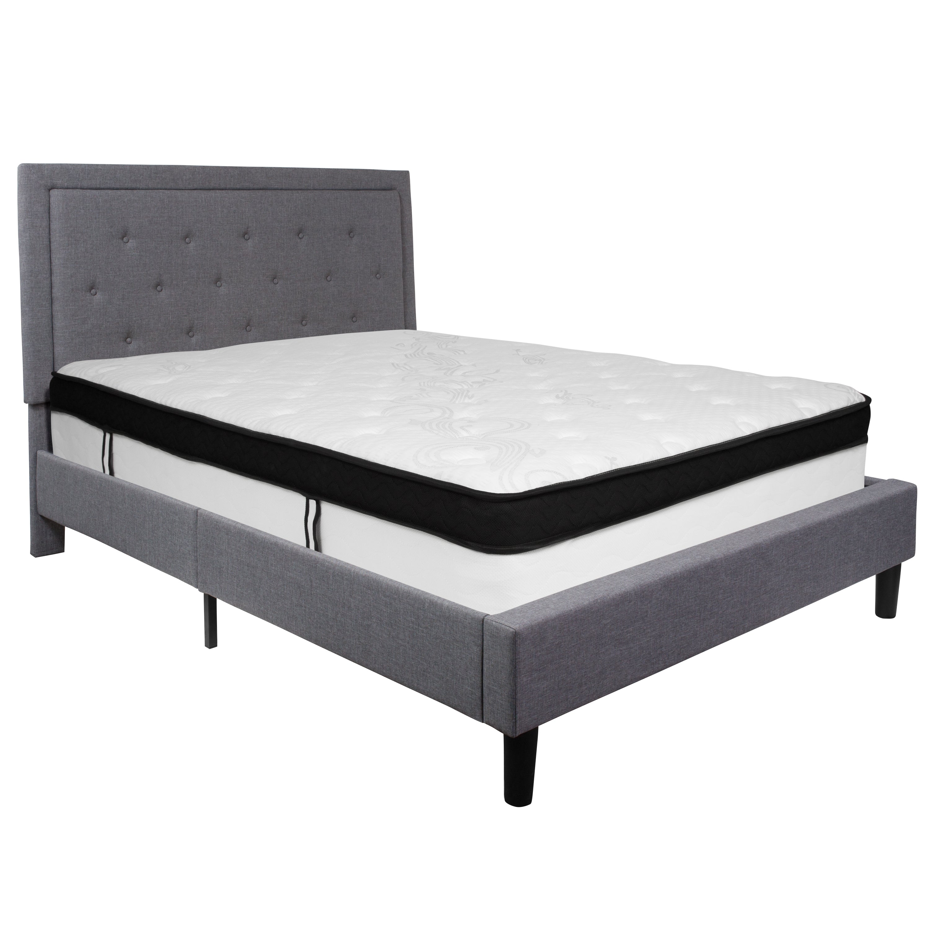 Roxbury Panel Tufted Upholstered Platform Bed and Memory Foam Pocket Spring Mattress
