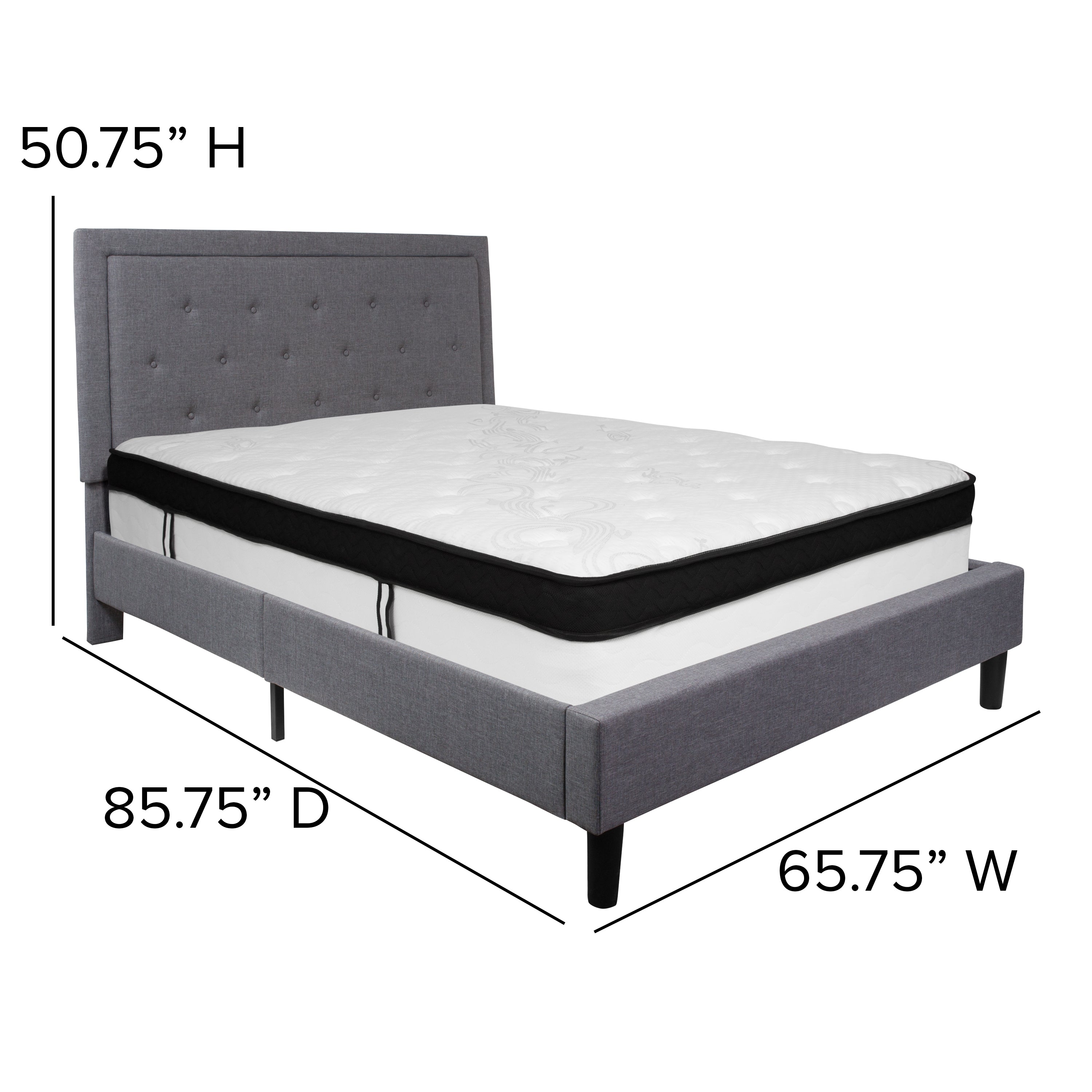 Roxbury Panel Tufted Upholstered Platform Bed and Memory Foam Pocket Spring Mattress