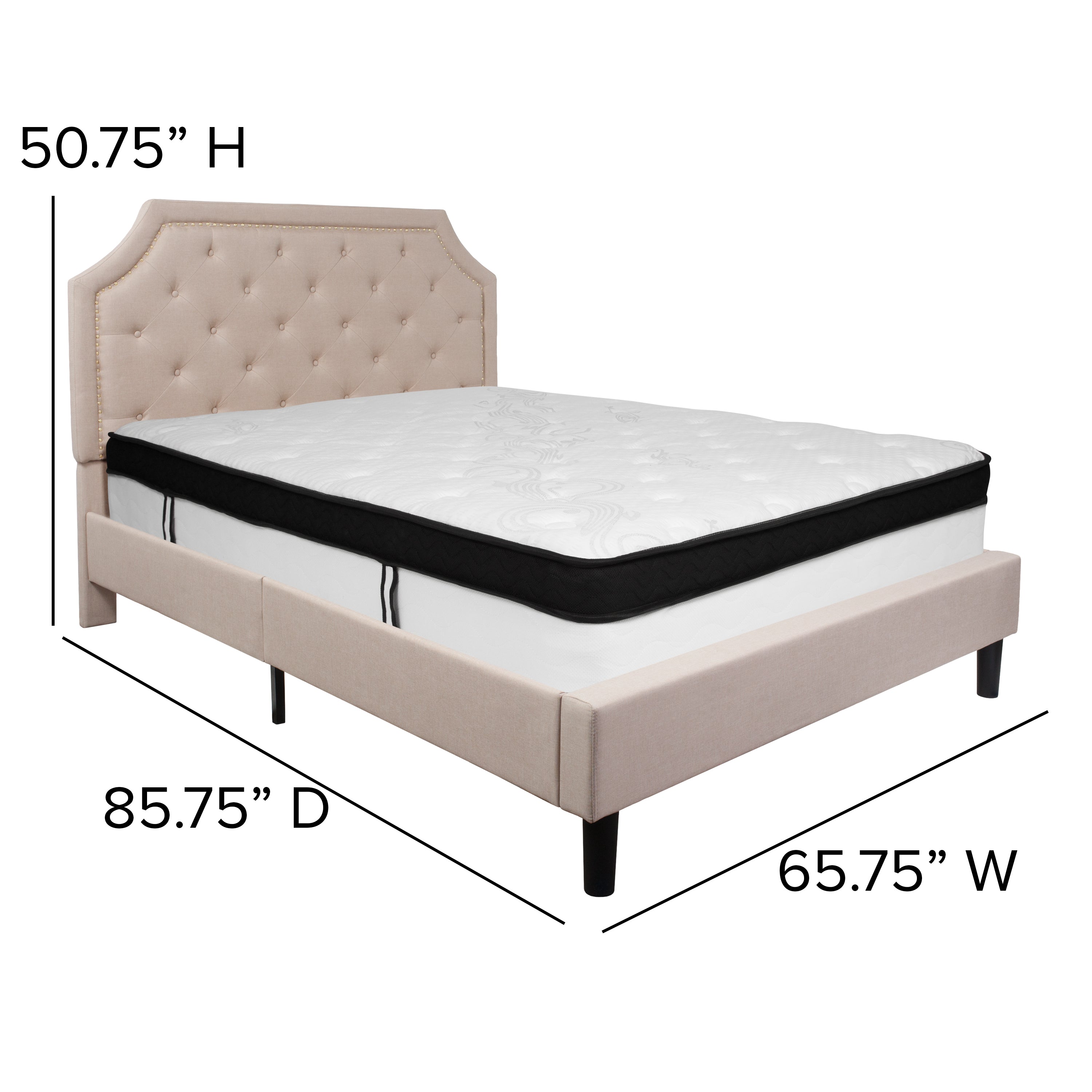 Brighton Arched Tufted Upholstered Platform Bed and Memory Foam Pocket Spring Mattress