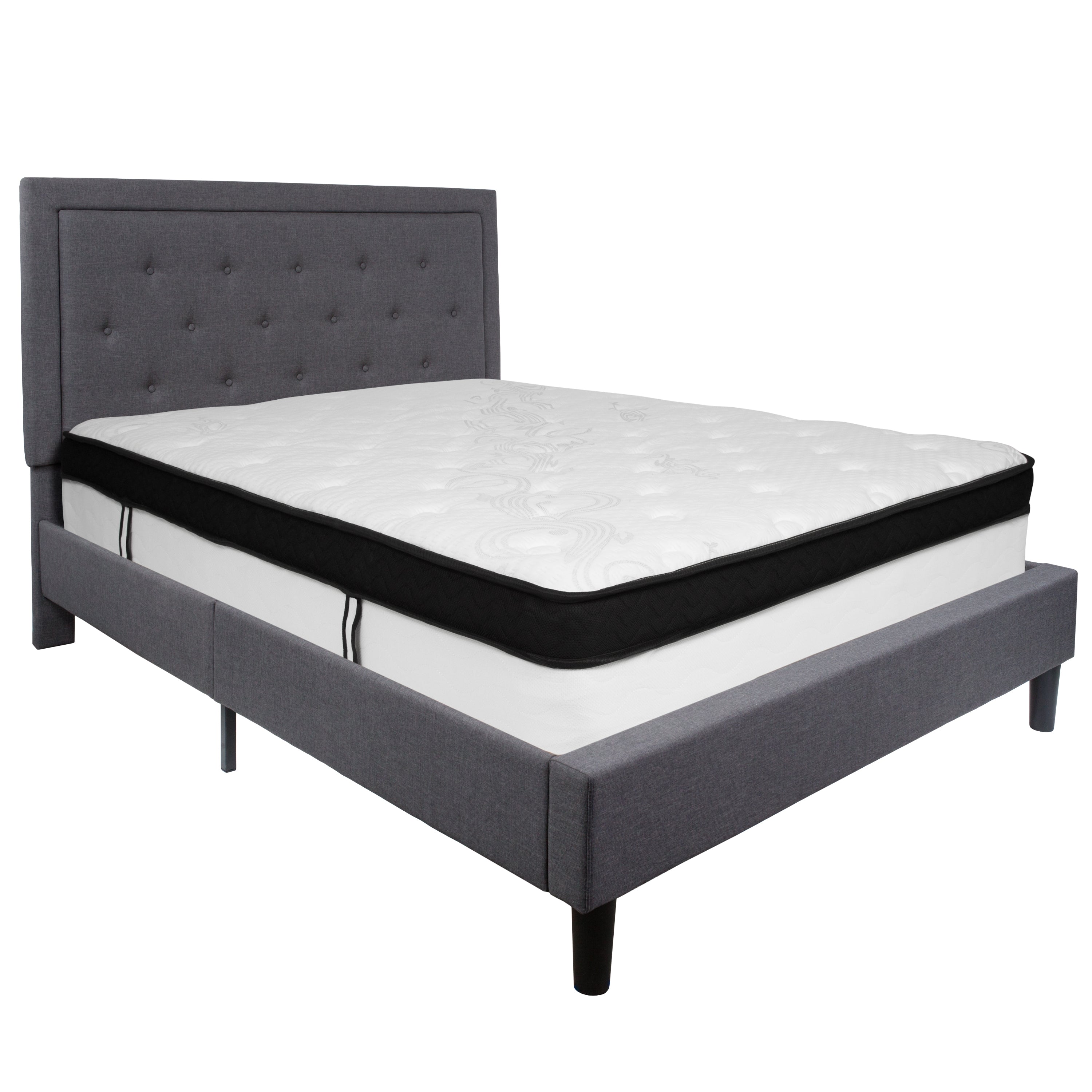 Roxbury Panel Tufted Upholstered Platform Bed and Memory Foam Pocket Spring Mattress