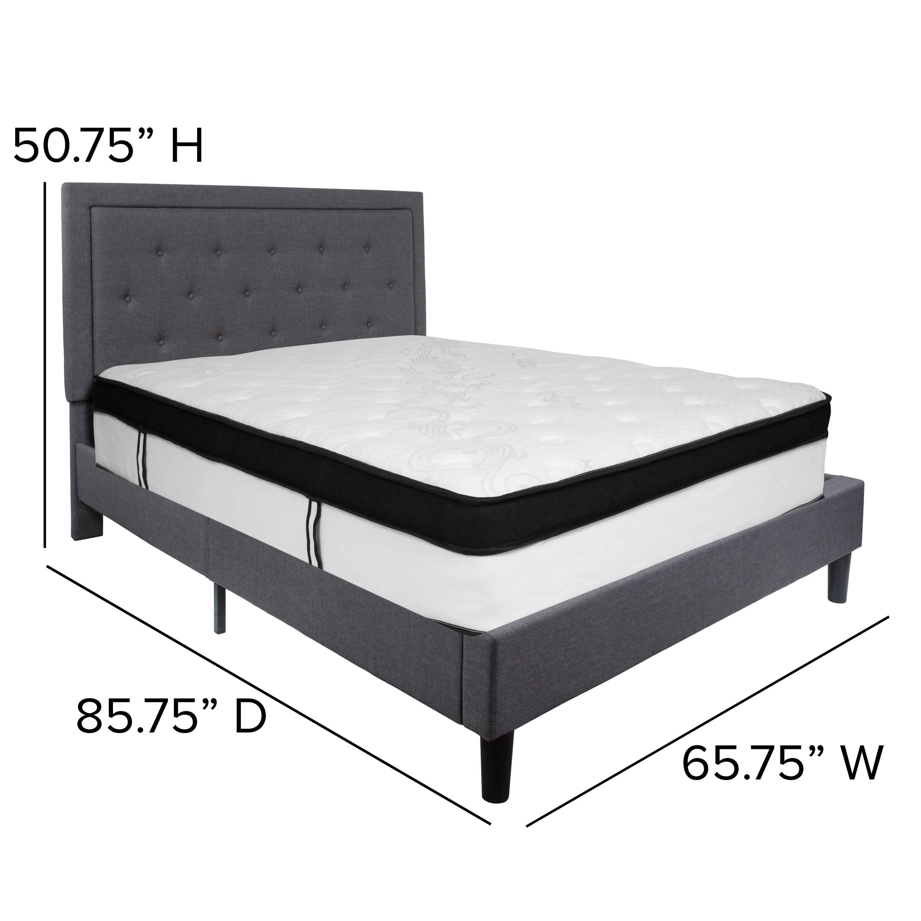 Roxbury Panel Tufted Upholstered Platform Bed and Memory Foam Pocket Spring Mattress
