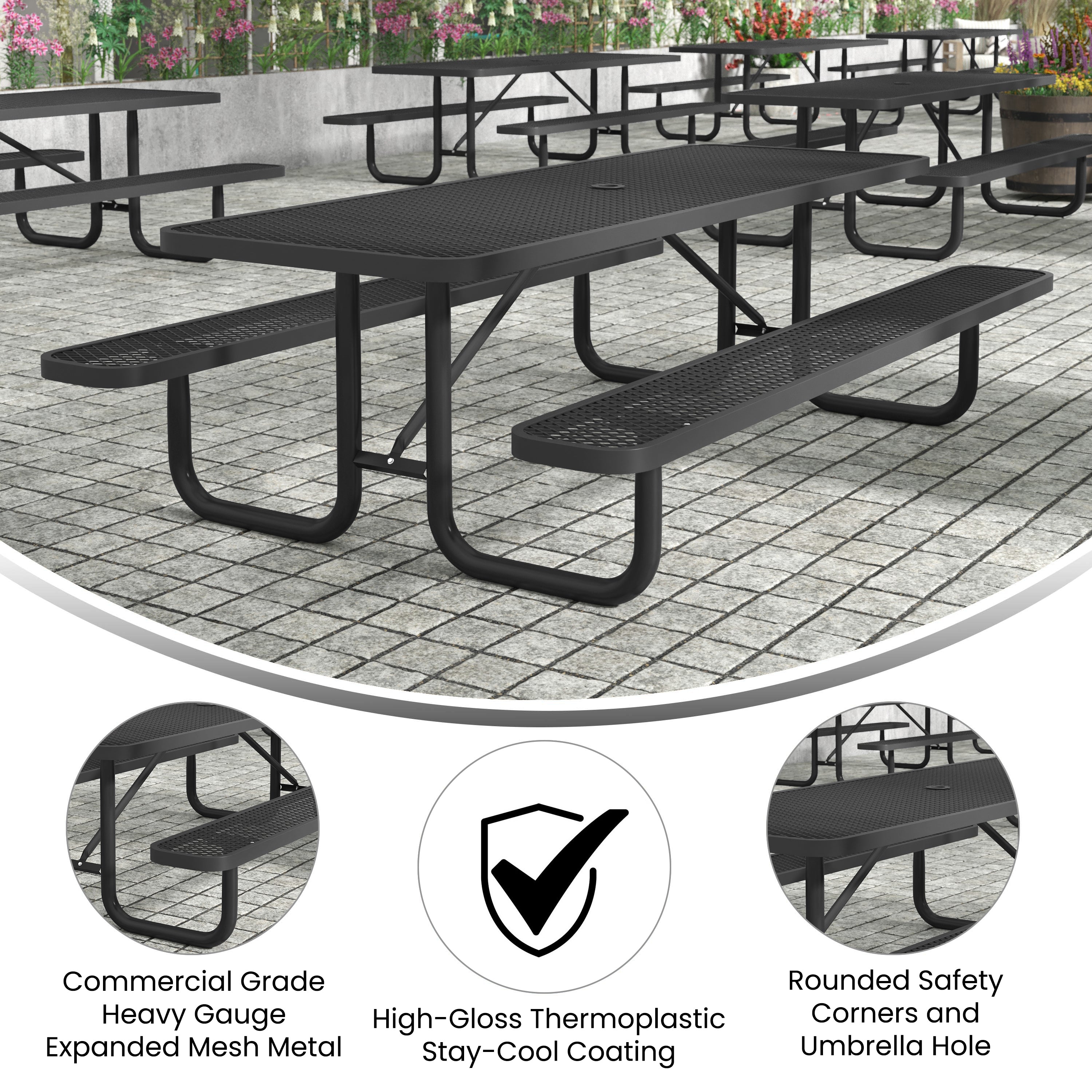 Mantilla Outdoor Picnic Table with Commercial Heavy Gauge Expanded Metal Mesh Top and Seats and Steel Frame-Picnic Table-Flash Furniture-Wall2Wall Furnishings
