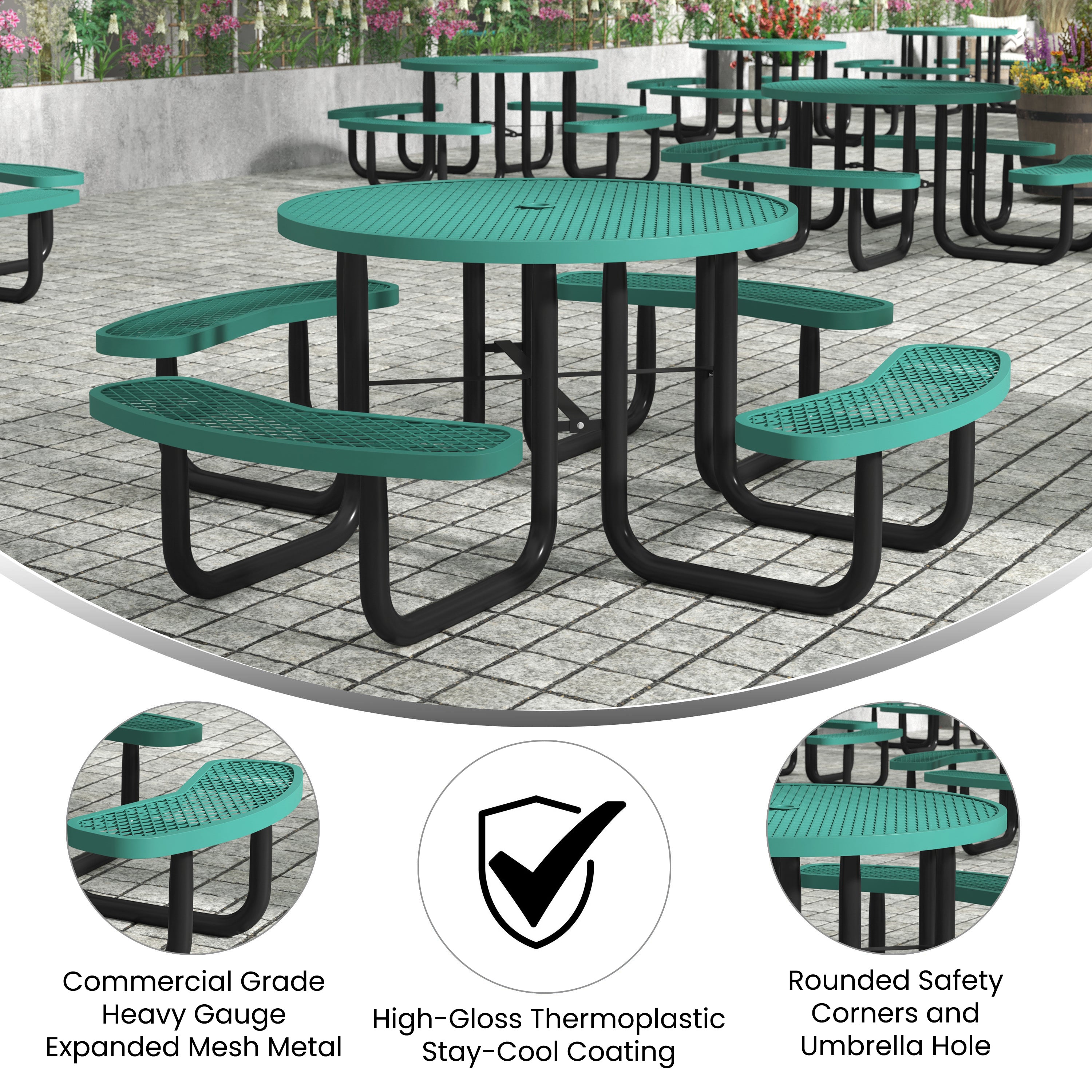 Creekside Outdoor Picnic Table with Commercial Grade Heavy Gauge Expanded Metal Mesh Top and Seats and Steel Frame-Expanded Metal Picnic Table-Flash Furniture-Wall2Wall Furnishings