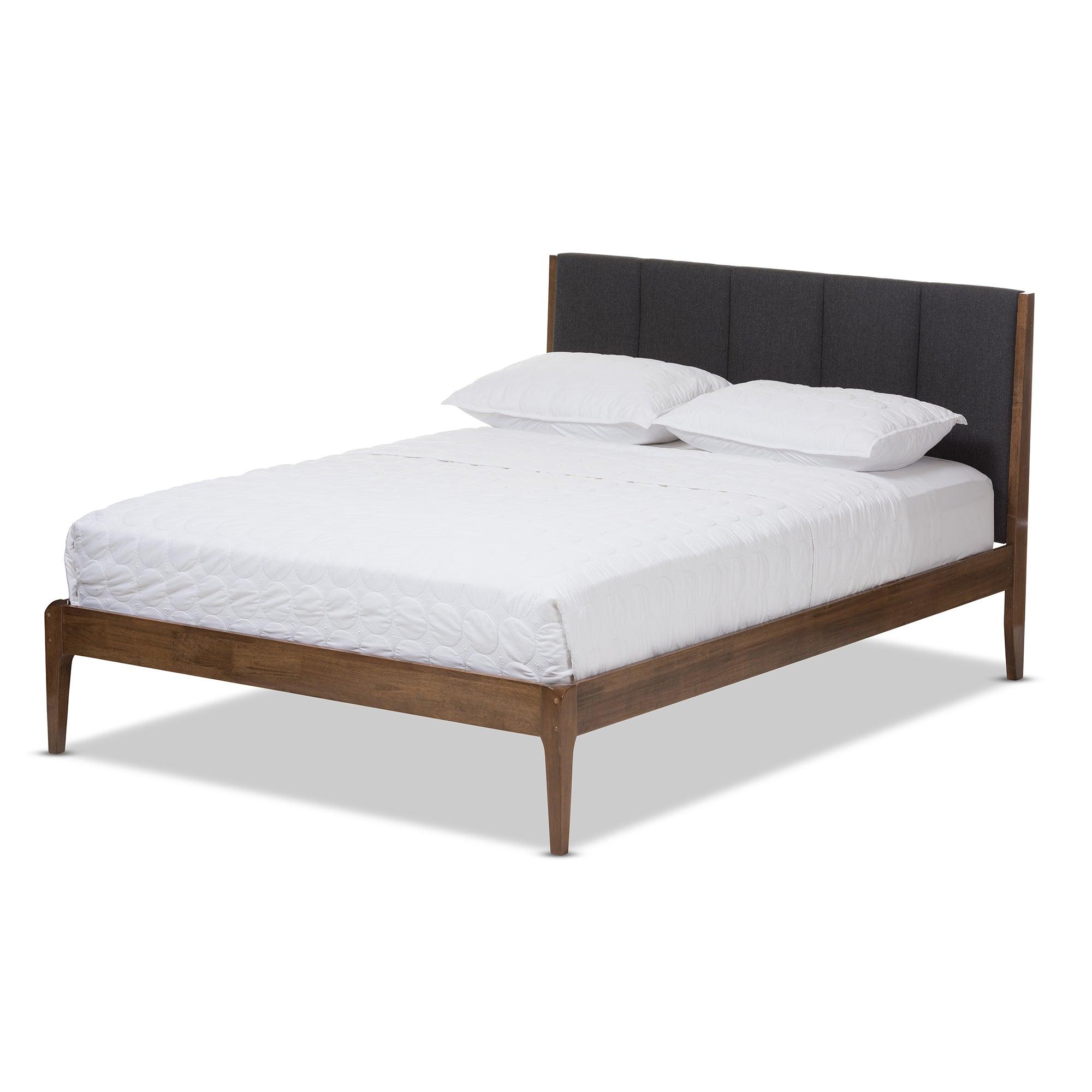 Ember Mid-Century Dark Fabric and Medium Finish Wood Platform Bed