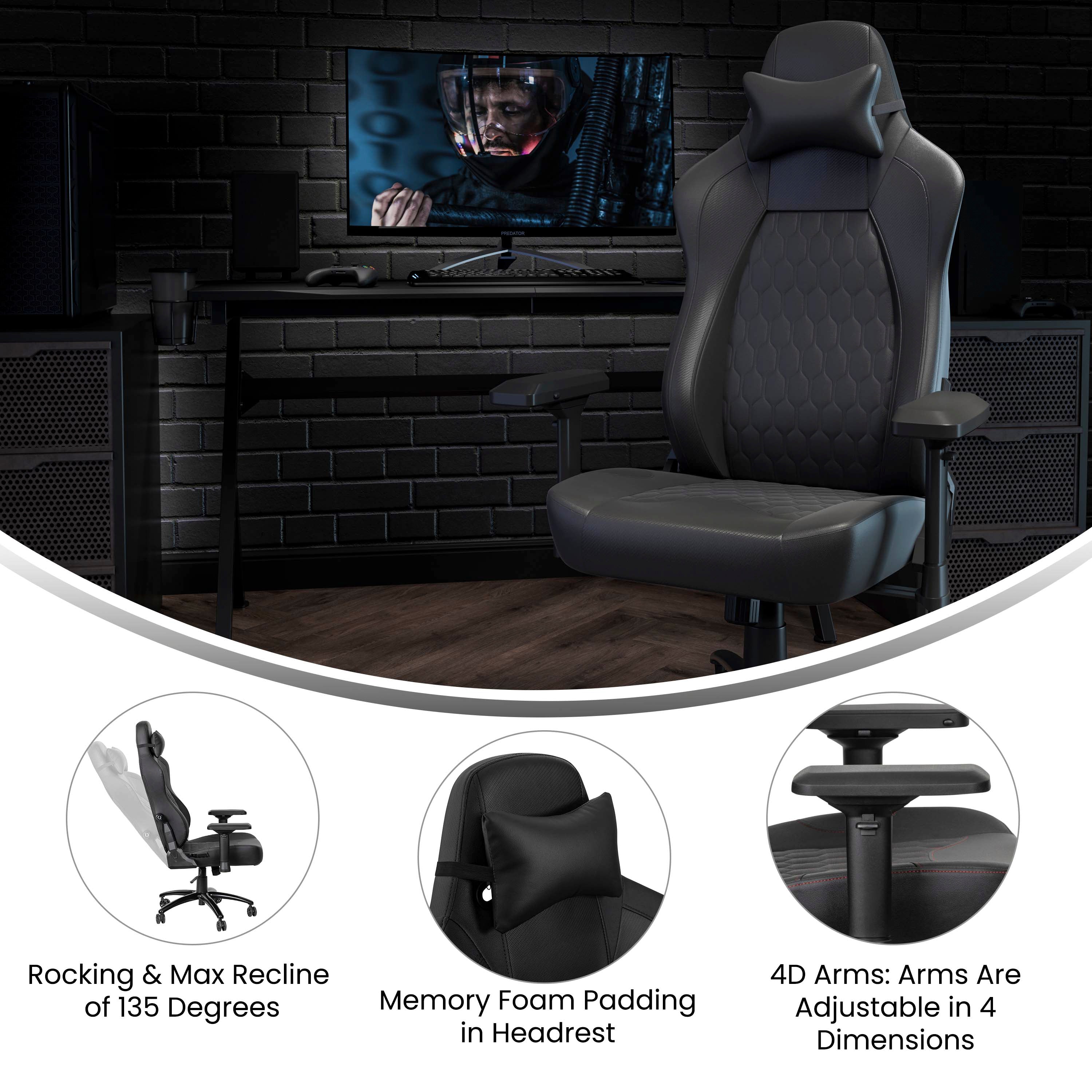 Falco Ergonomic High Back Adjustable Gaming Chair with 4D Armrests, Headrest Pillow, and Adjustable Lumbar Support-Racing Chair-Flash Furniture-Wall2Wall Furnishings