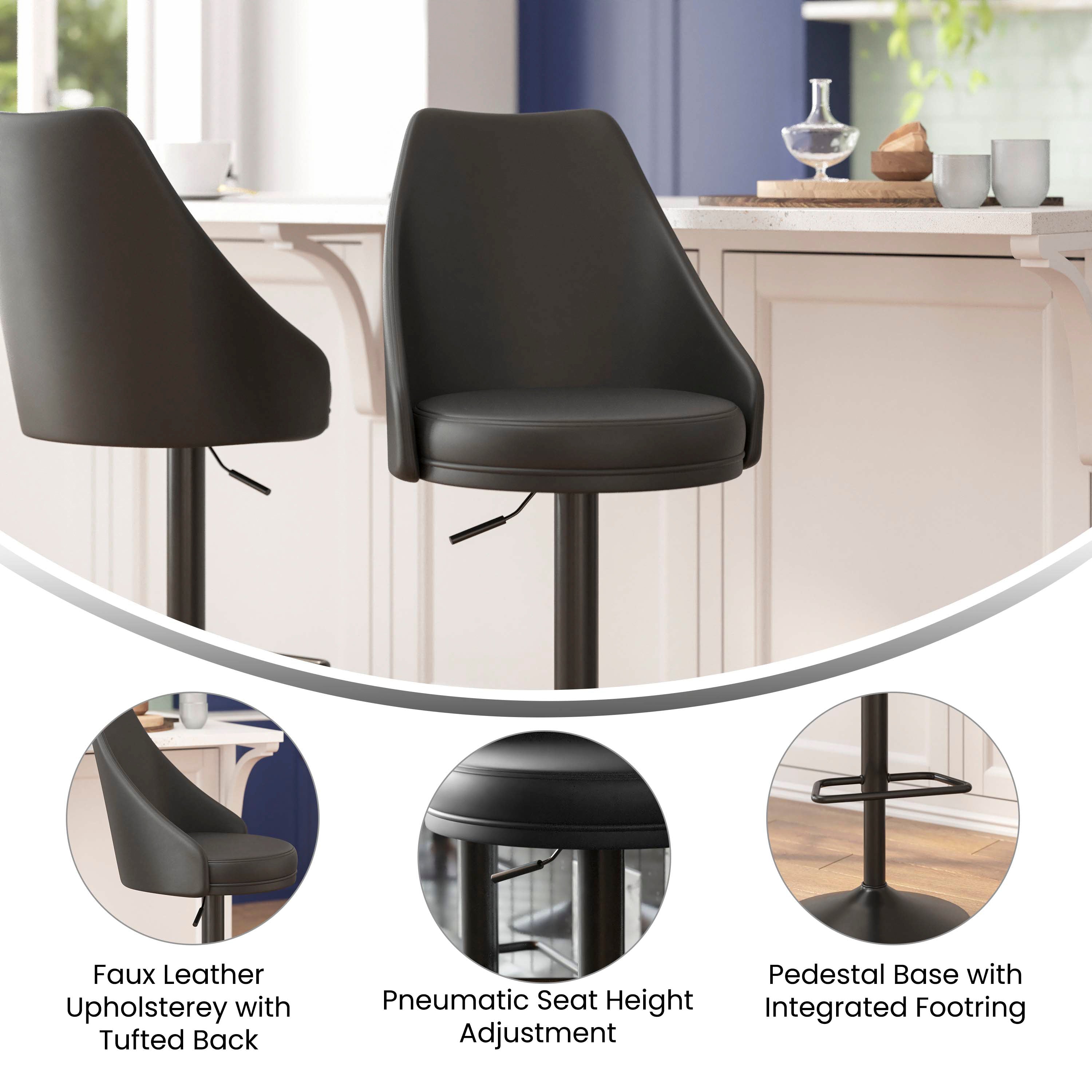 Chrishelle Set of 2 Commercial Adjustable Height Barstools with Upholstered Tufted Seats and Pedestal Base with Footring, Black-Adjustable Height Barstool-Flash Furniture-Wall2Wall Furnishings