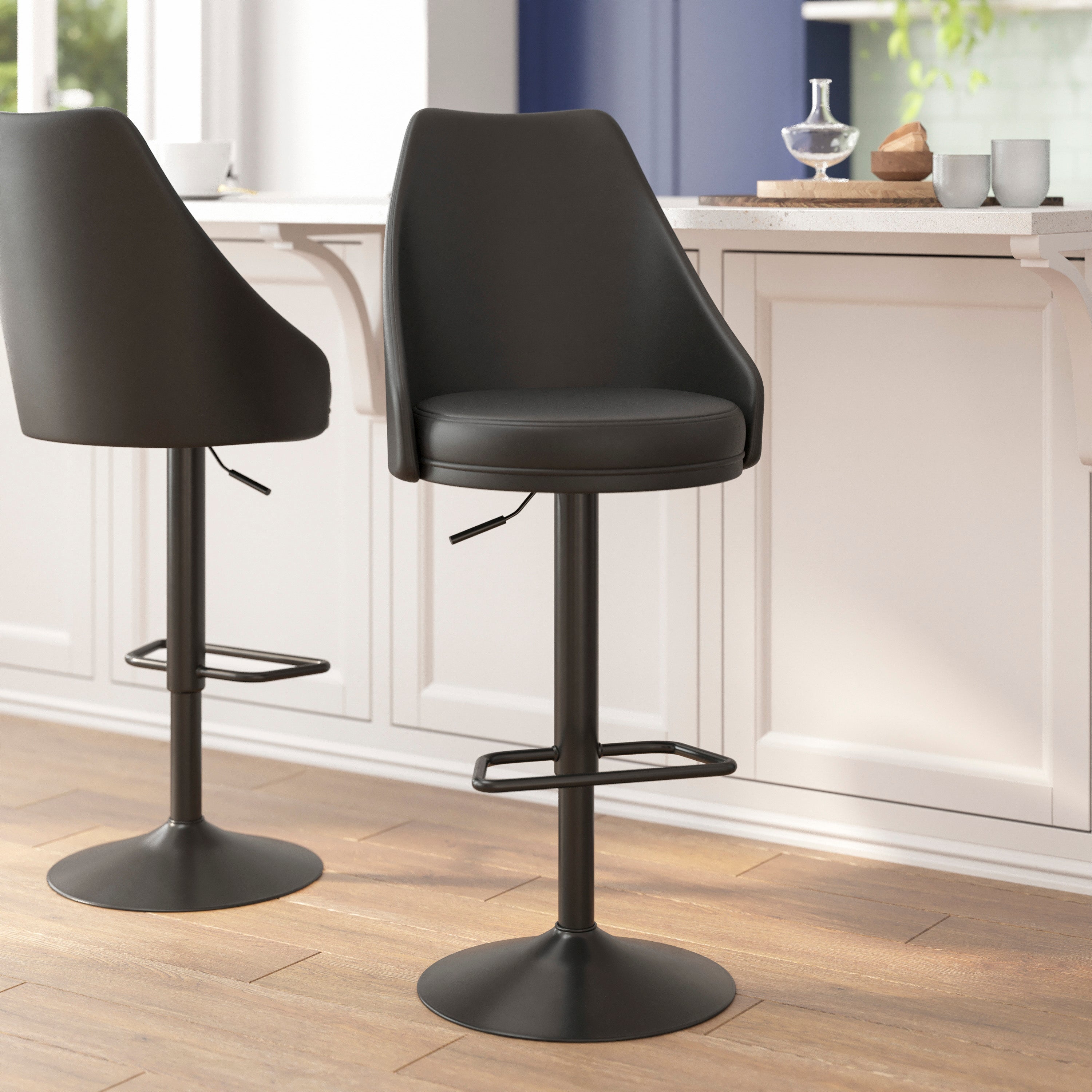 Chrishelle Set of 2 Commercial Adjustable Height Barstools with Upholstered Tufted Seats and Pedestal Base with Footring, Black-Adjustable Height Barstool-Flash Furniture-Wall2Wall Furnishings