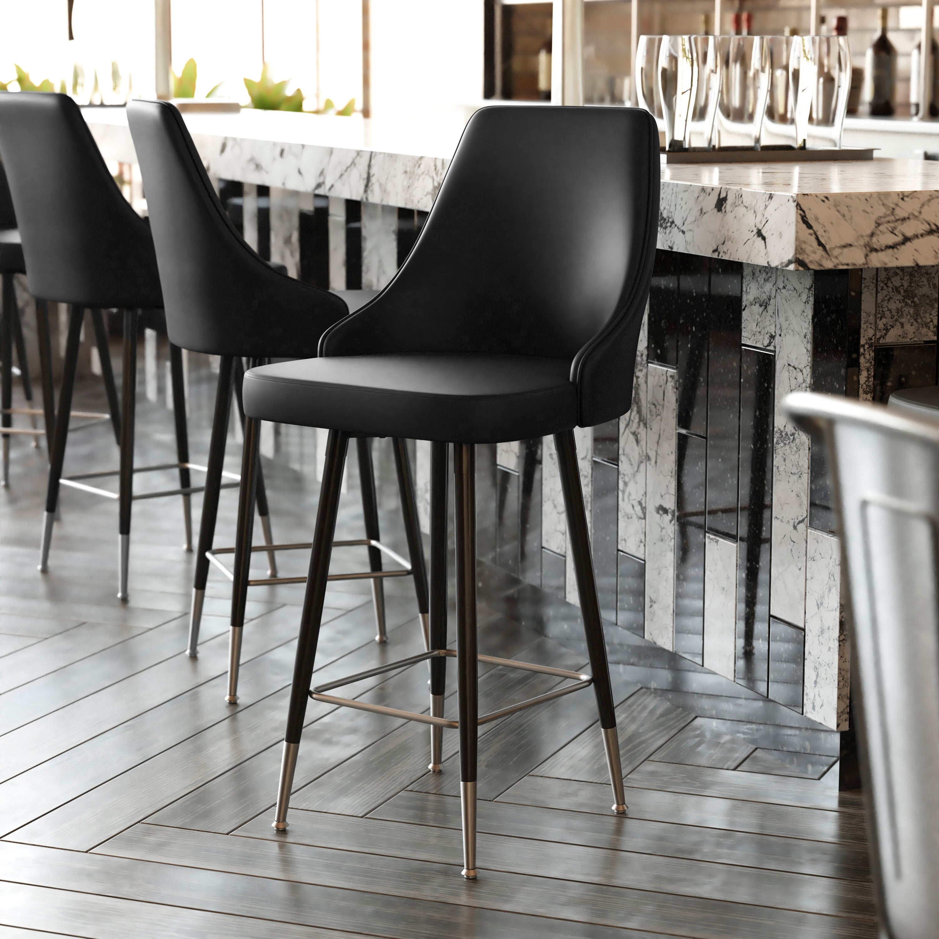 Shelly Set of 2 Commercial LeatherSoft Counter Height Bar Stools with Solid Black Metal Frames and Chrome Accented Feet and Footrests-Counter Stool-Flash Furniture-Wall2Wall Furnishings