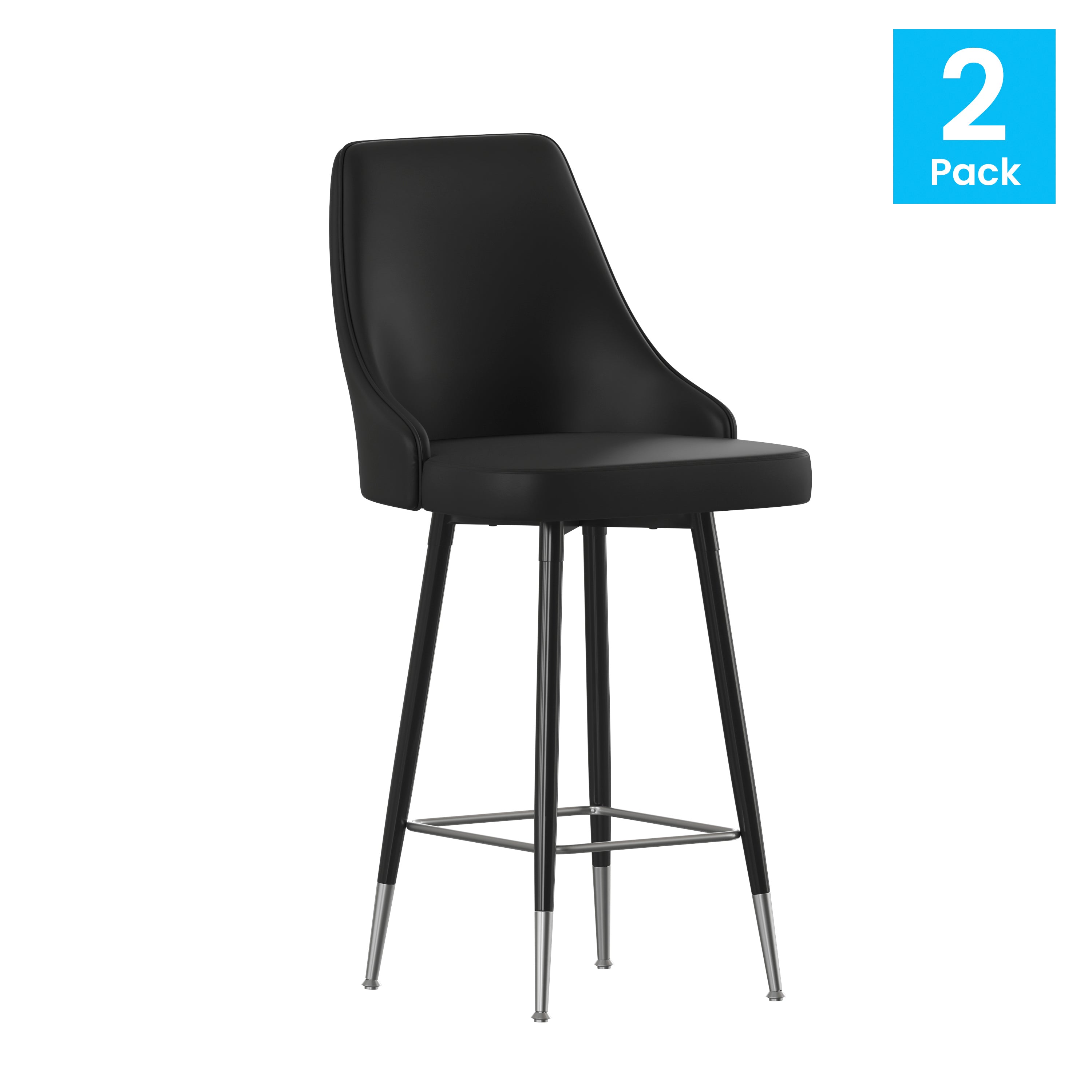 Shelly Set of 2 Commercial LeatherSoft Counter Height Bar Stools with Solid Black Metal Frames and Chrome Accented Feet and Footrests-Counter Stool-Flash Furniture-Wall2Wall Furnishings