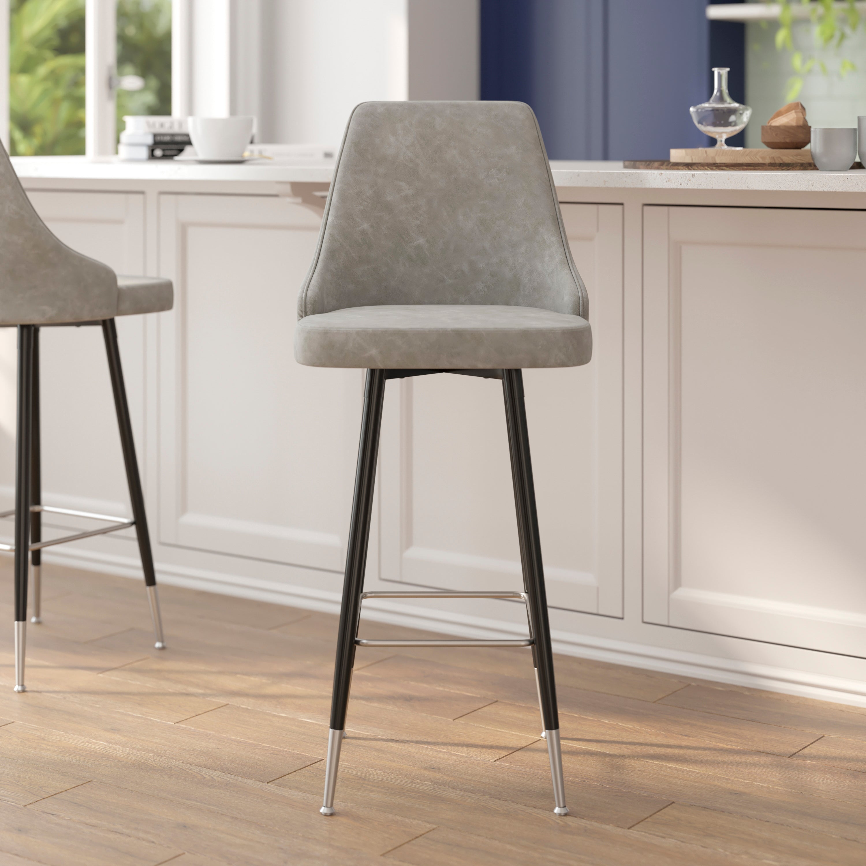 Shelly Set of 2 Commercial LeatherSoft Bar Height Stools with Solid Black Metal Frames and Chrome Accented Feet and Footrests-Barstool-Flash Furniture-Wall2Wall Furnishings