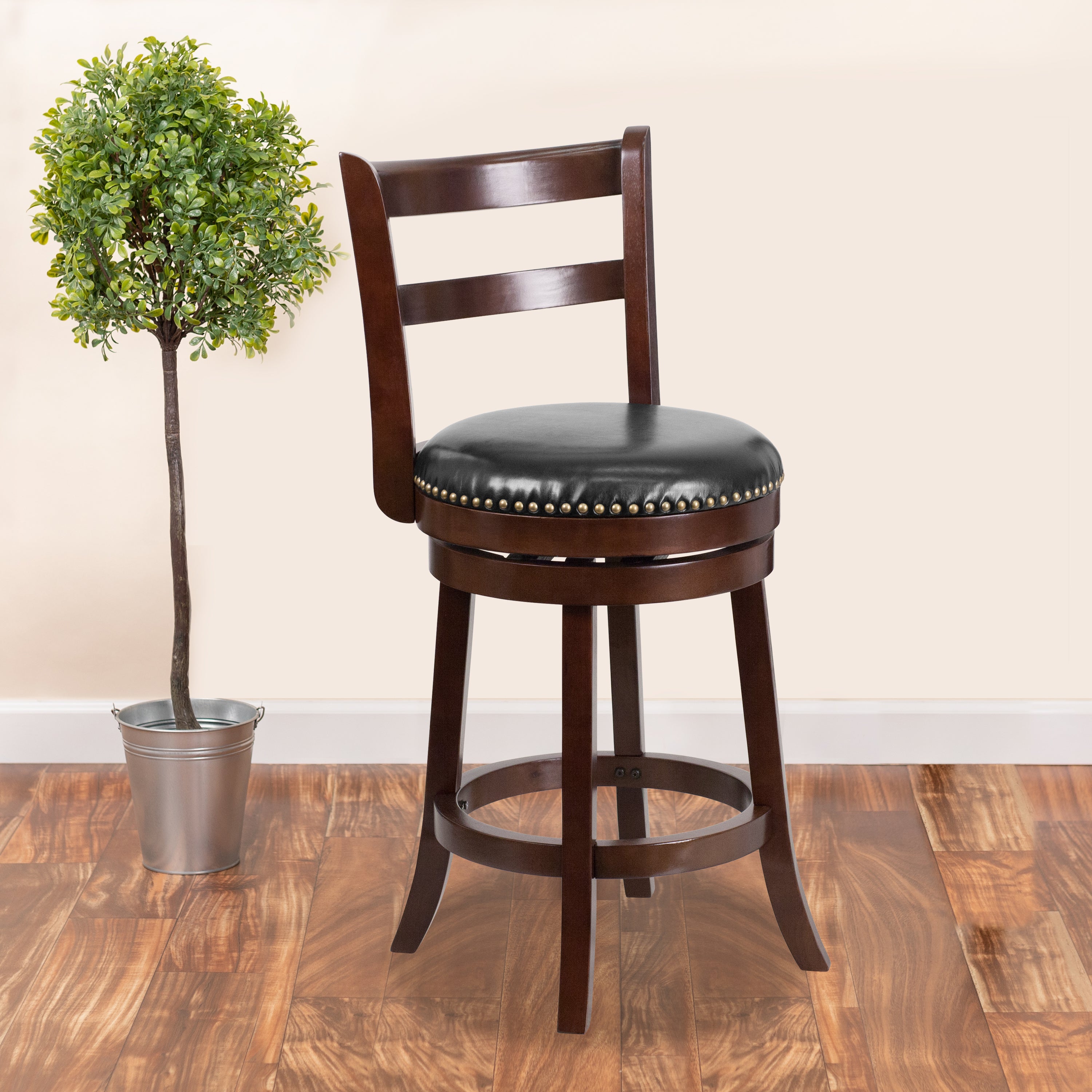 26'' High Wood Counter Height Stool with Single Slat Ladder Back and LeatherSoft Swivel Seat-Swivel Counter Stool-Flash Furniture-Wall2Wall Furnishings